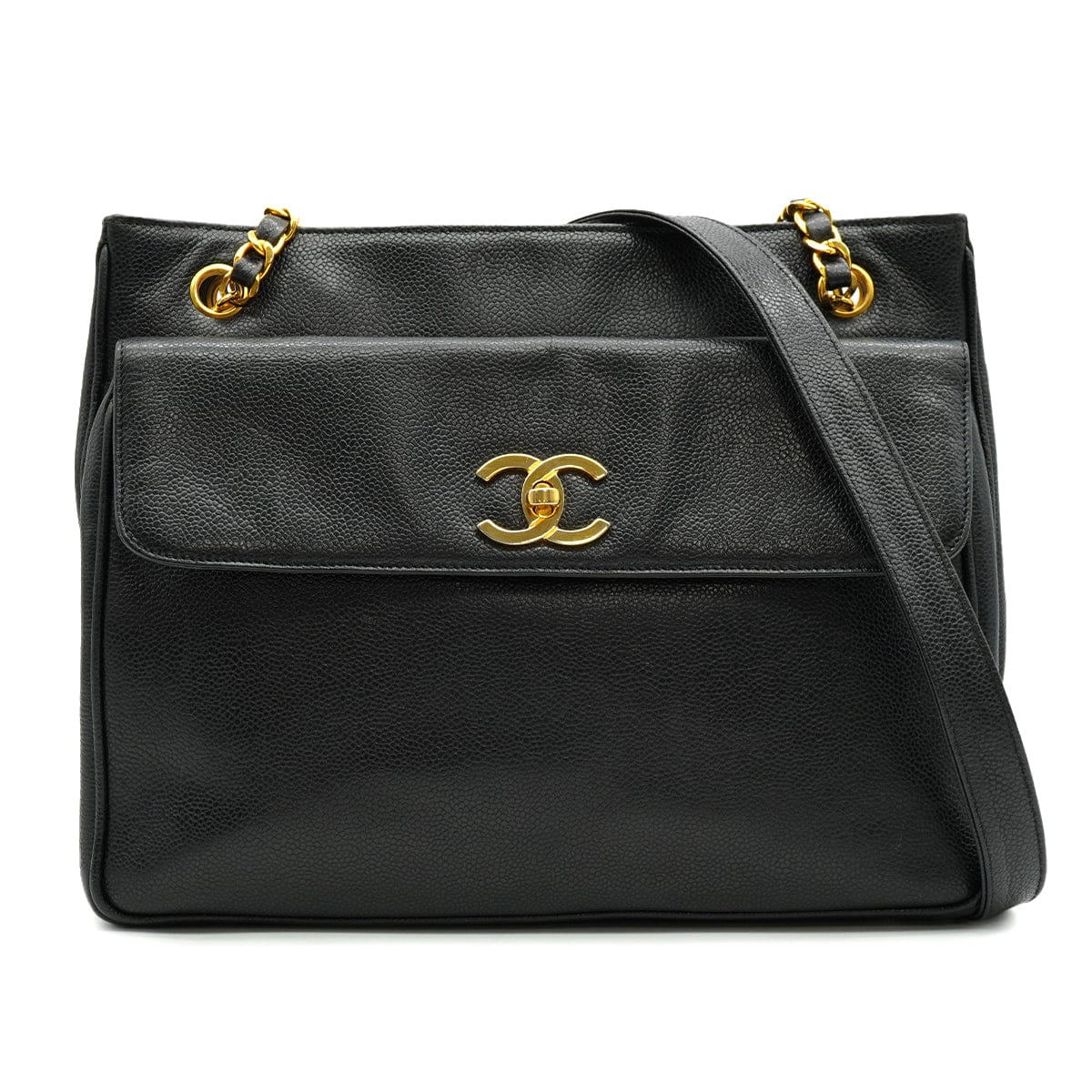Luxury Promise Japan VINTAGE CHANEL BIG COCO CHAIN SHOULDER BAG BLACK CAVIAR SKIN GOLD HARDWARE 90335286