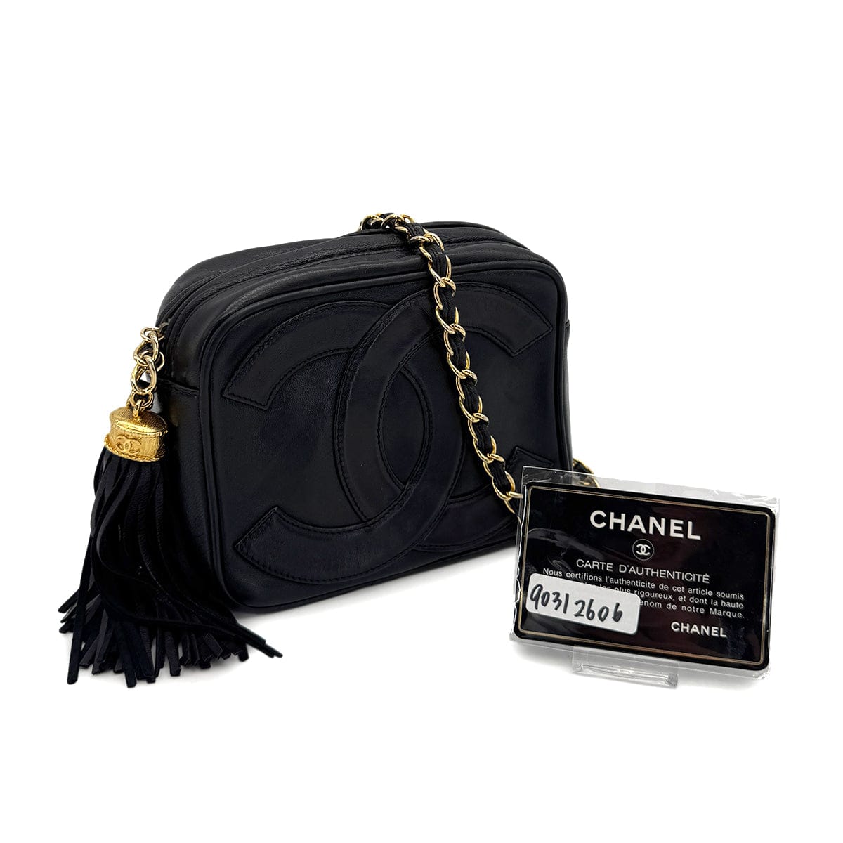 Luxury Promise Japan VINTAGE CHANEL BIG COCO CHAIN SHOULDER BAG FRINGE BLACK LAMB SKIN GOLD HARDWARE 90312606