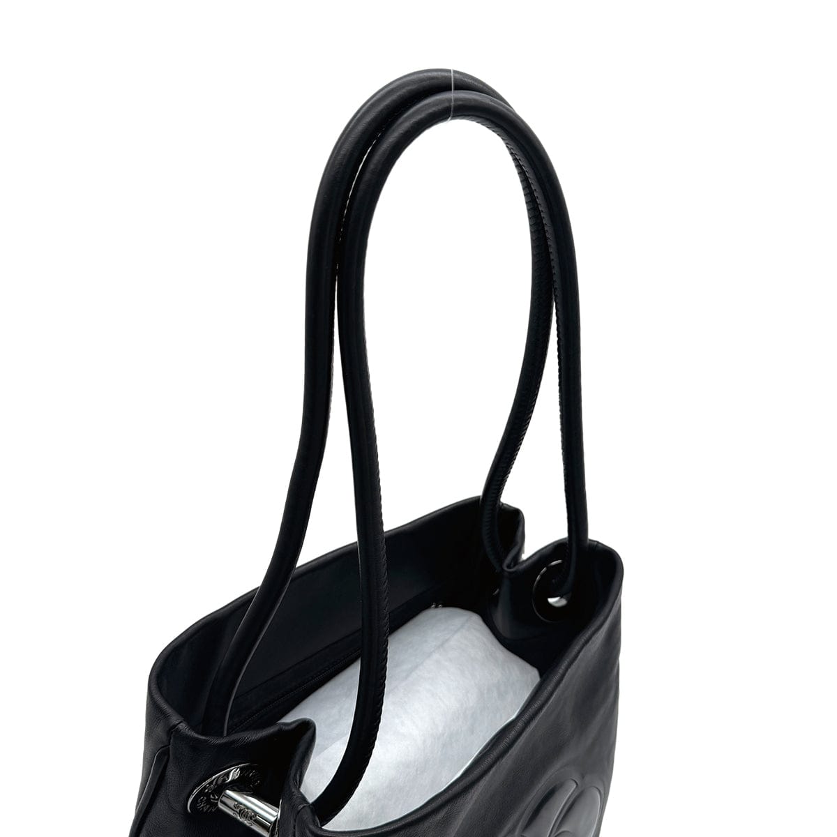 Luxury Promise Japan VINTAGE CHANEL CAMELLIA LOGO TOTE BAG BLACK LEATHER ENAMEL 90317870