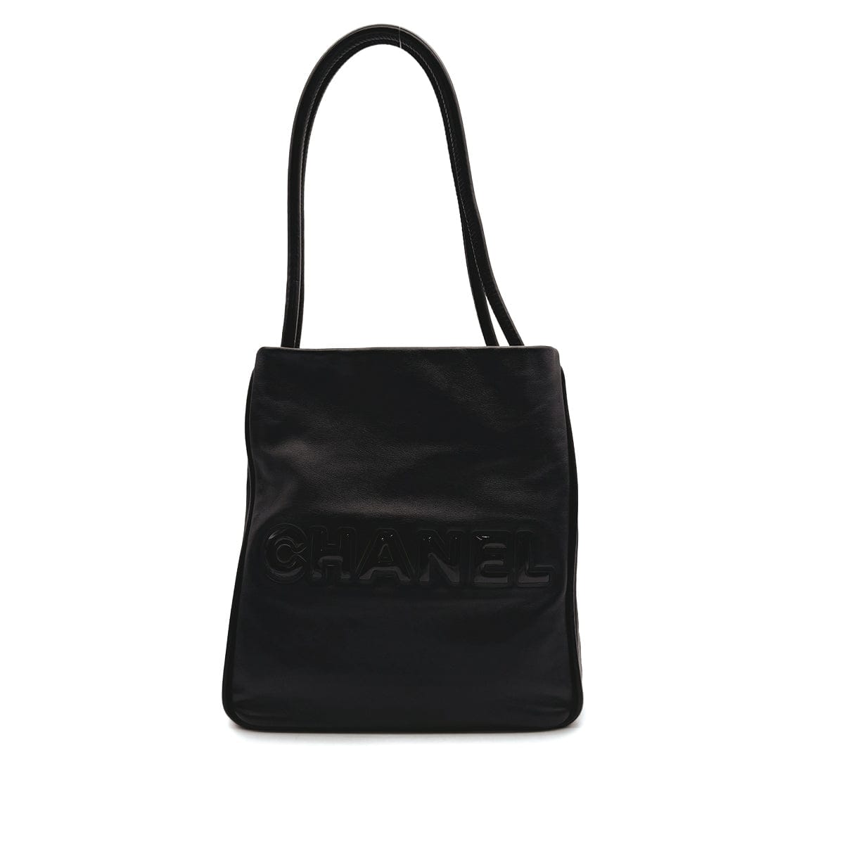 Luxury Promise Japan VINTAGE CHANEL CAMELLIA LOGO TOTE BAG BLACK LEATHER ENAMEL 90317870