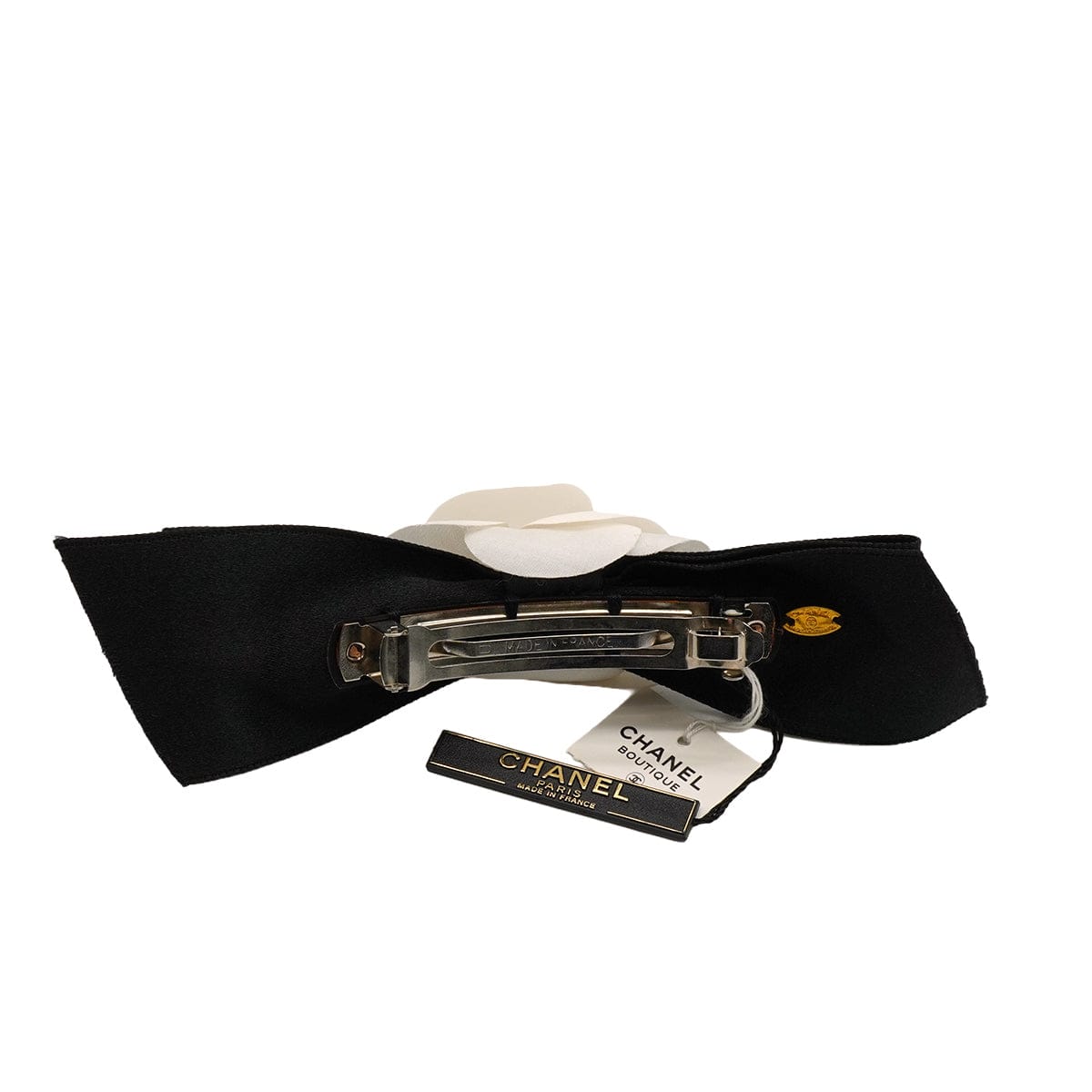 Luxury Promise Japan VINTAGE CHANEL CAMELLIA RIBBON VALLETTA BLACK WHITE HAIR ACCESSORY 90345163