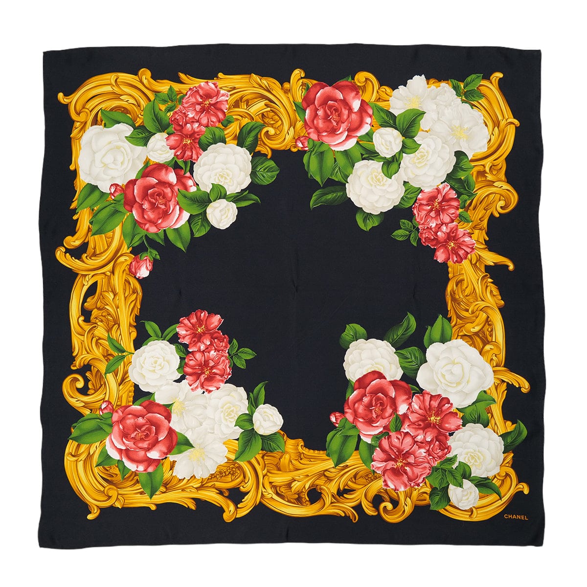 Luxury Promise Japan VINTAGE CHANEL CAMELLIA SCARF BLACK SILK 90324784