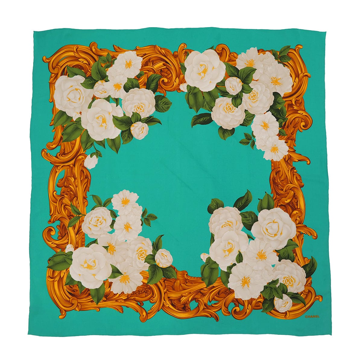 Luxury Promise Japan VINTAGE CHANEL CAMELLIA SCARF EMERALD GREEN SILK 90323162