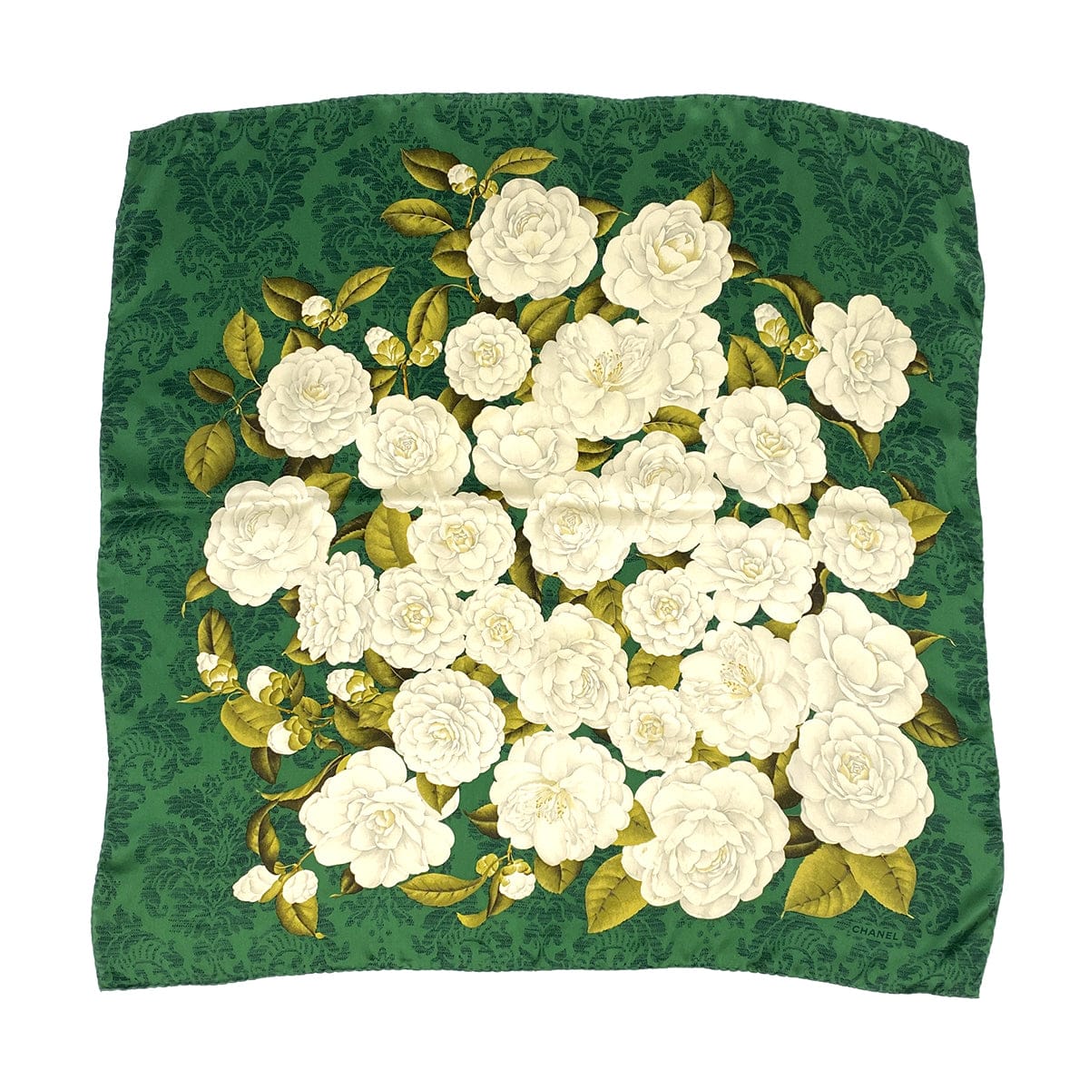 Luxury Promise Japan VINTAGE CHANEL CAMELLIA SCARF GREEN WHITE SILK 90323122