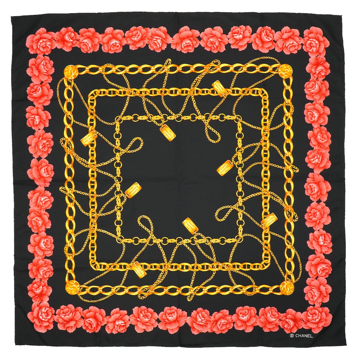 Luxury Promise Japan VINTAGE CHANEL CHAIN CAMELLIA PATTERN SCARF BLACK SILK 90345101