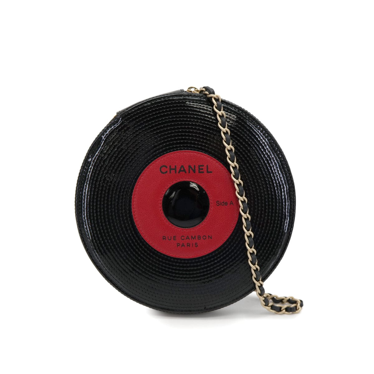 Luxury Promise Japan VINTAGE CHANEL CHAIN HAND BAG RECORD MOTIF BLACK PATENT LEATHER 90321009
