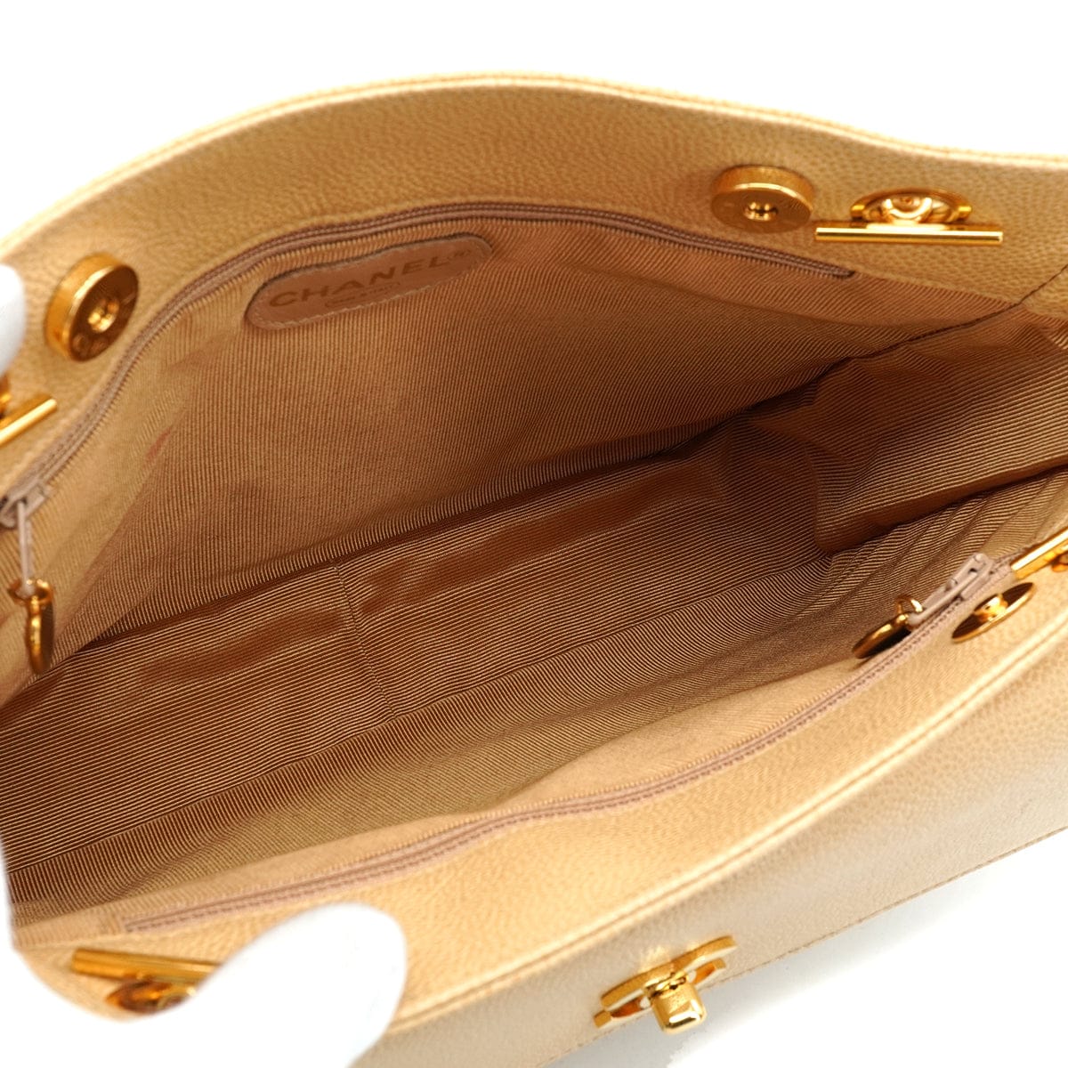 VINTAGE CHANEL CHAIN SHOULDER BAG BEIGE CAVIAR SKIN GOLD HARDWARE 90343933