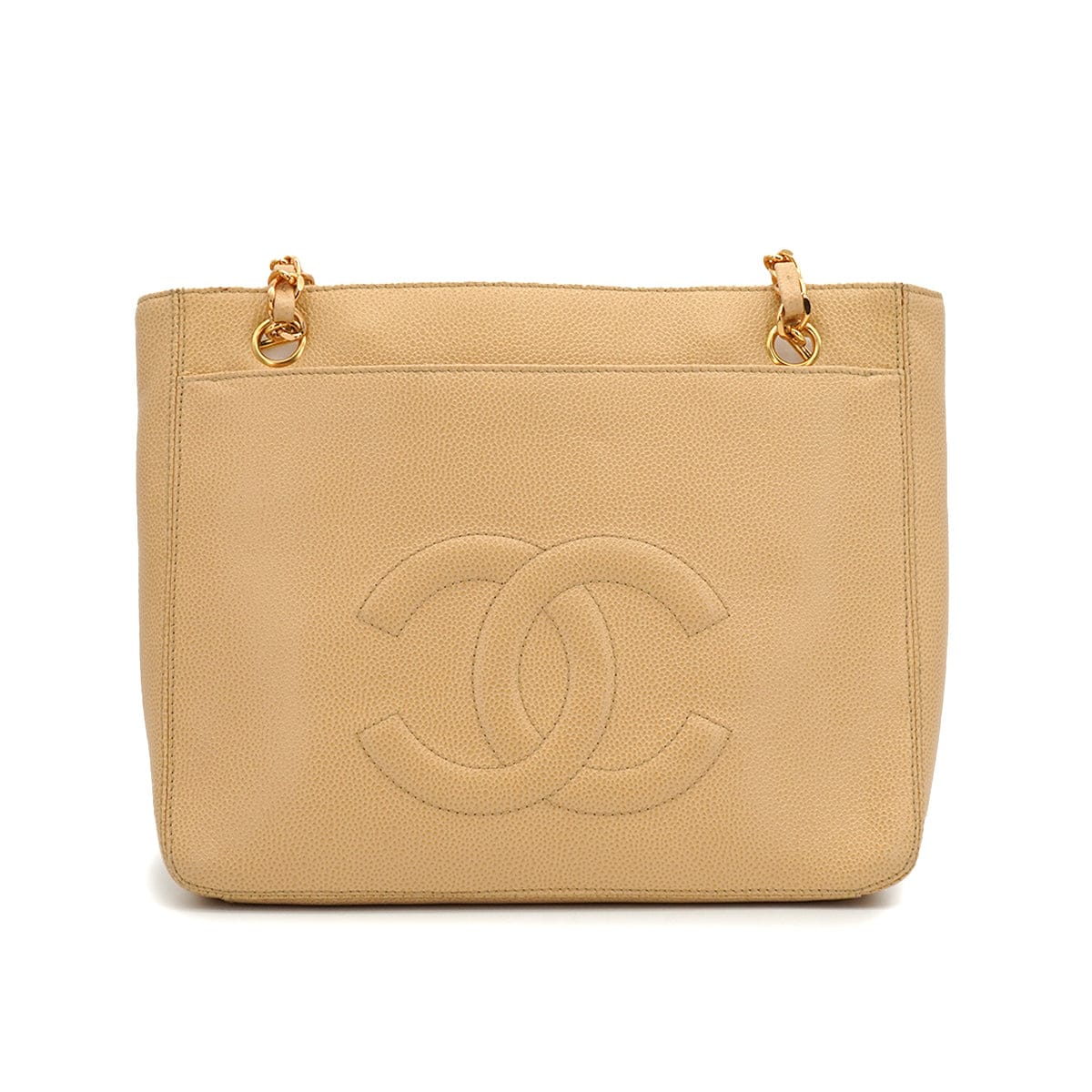 VINTAGE CHANEL CHAIN SHOULDER BAG BEIGE CAVIAR SKIN GOLD HARDWARE 90343933
