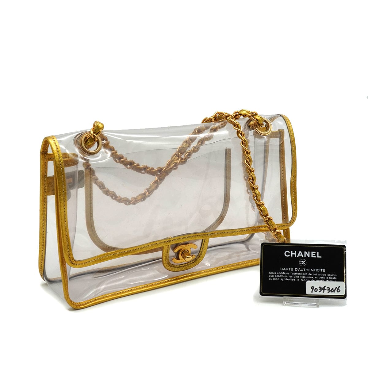 Luxury Promise Japan VINTAGE  CHANEL CHAIN SHOULDER BAG GOLD CLEAR VINYL LEATHER GOLD HARDWARE 90343016