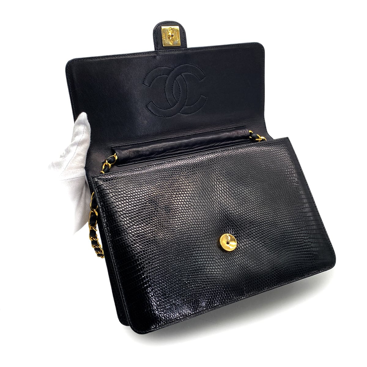 Luxury Promise Japan VINTAGE CHANEL CHAIN SHUOLDER BAG BLACK LIZARD GOLD HARDWARE 90324813