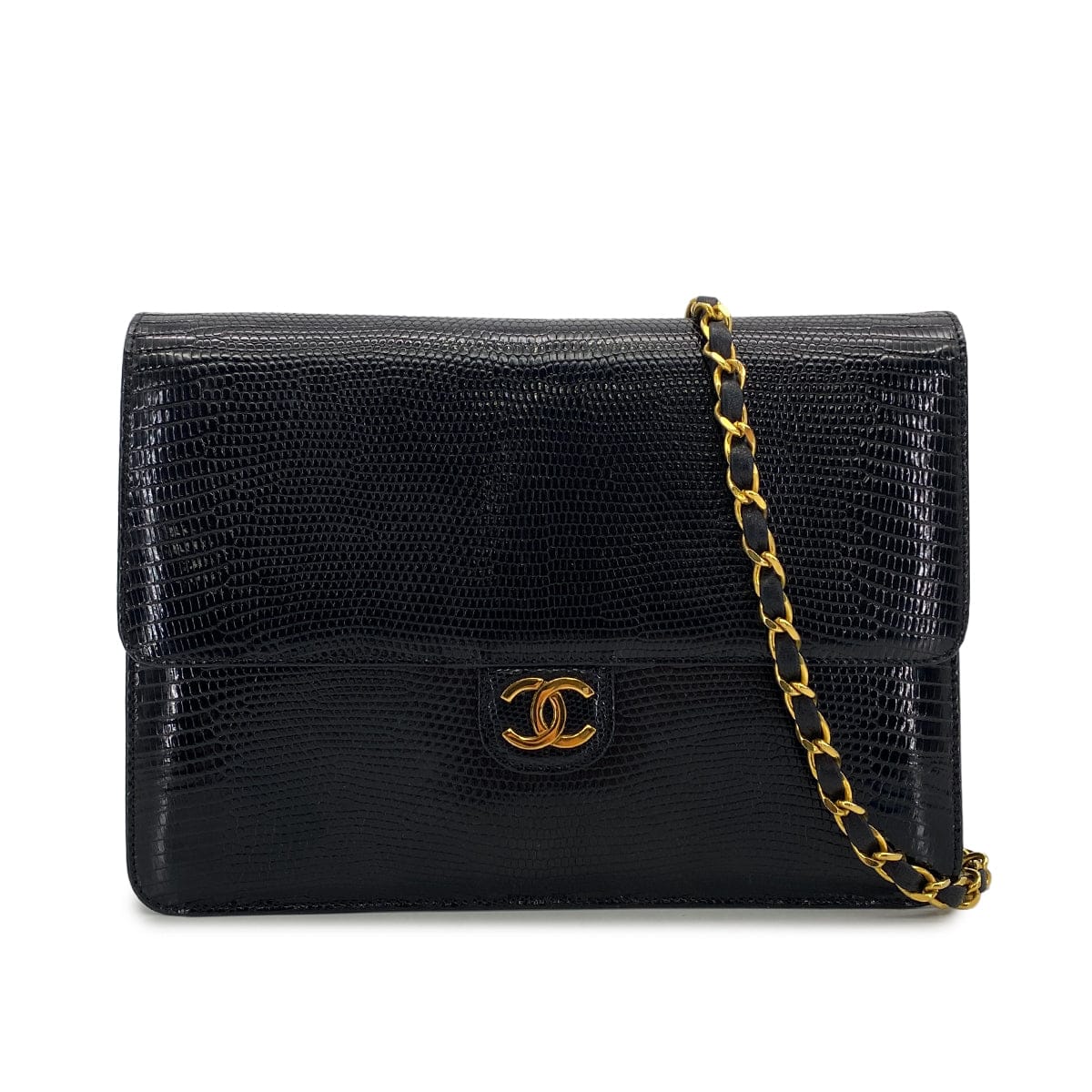 Luxury Promise Japan VINTAGE CHANEL CHAIN SHUOLDER BAG BLACK LIZARD GOLD HARDWARE 90324813
