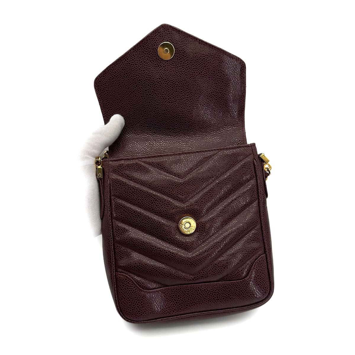 Luxury Promise Japan VINTAGE CHANEL CHEVRON CHAIN SHOULDER BAG BURGUNDY CAVIAR SKIN GOLD HARDWARE 90323193