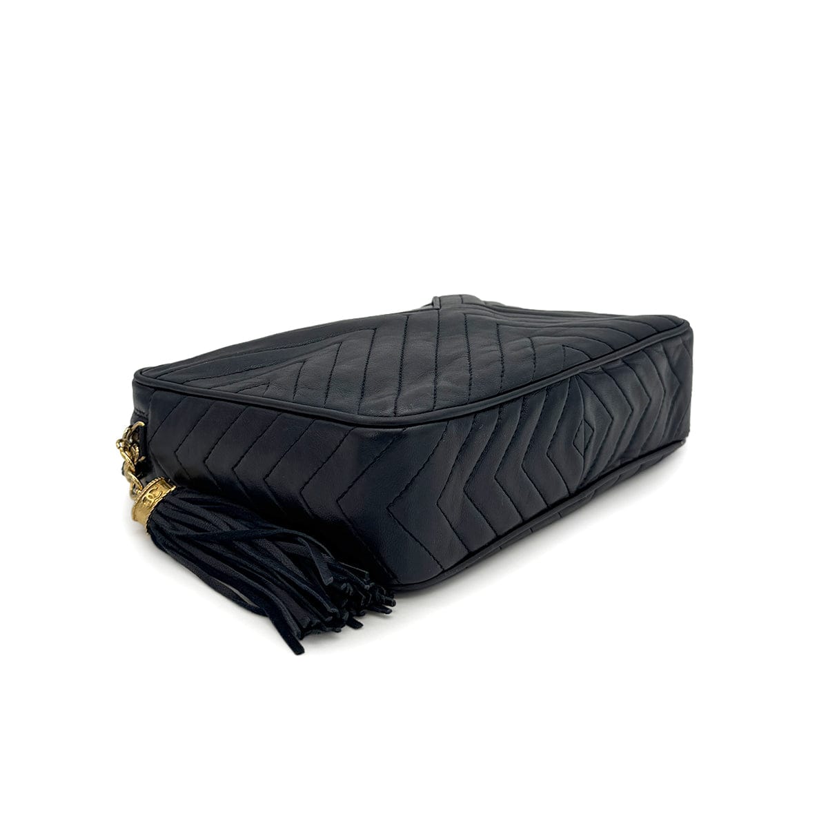 Luxury Promise Japan VINTAGE CHANEL CHEVRON FRINGE CHAIN SHOULDER BAG NAVY LAMB SKIN GOLD HARDWARE 90323146