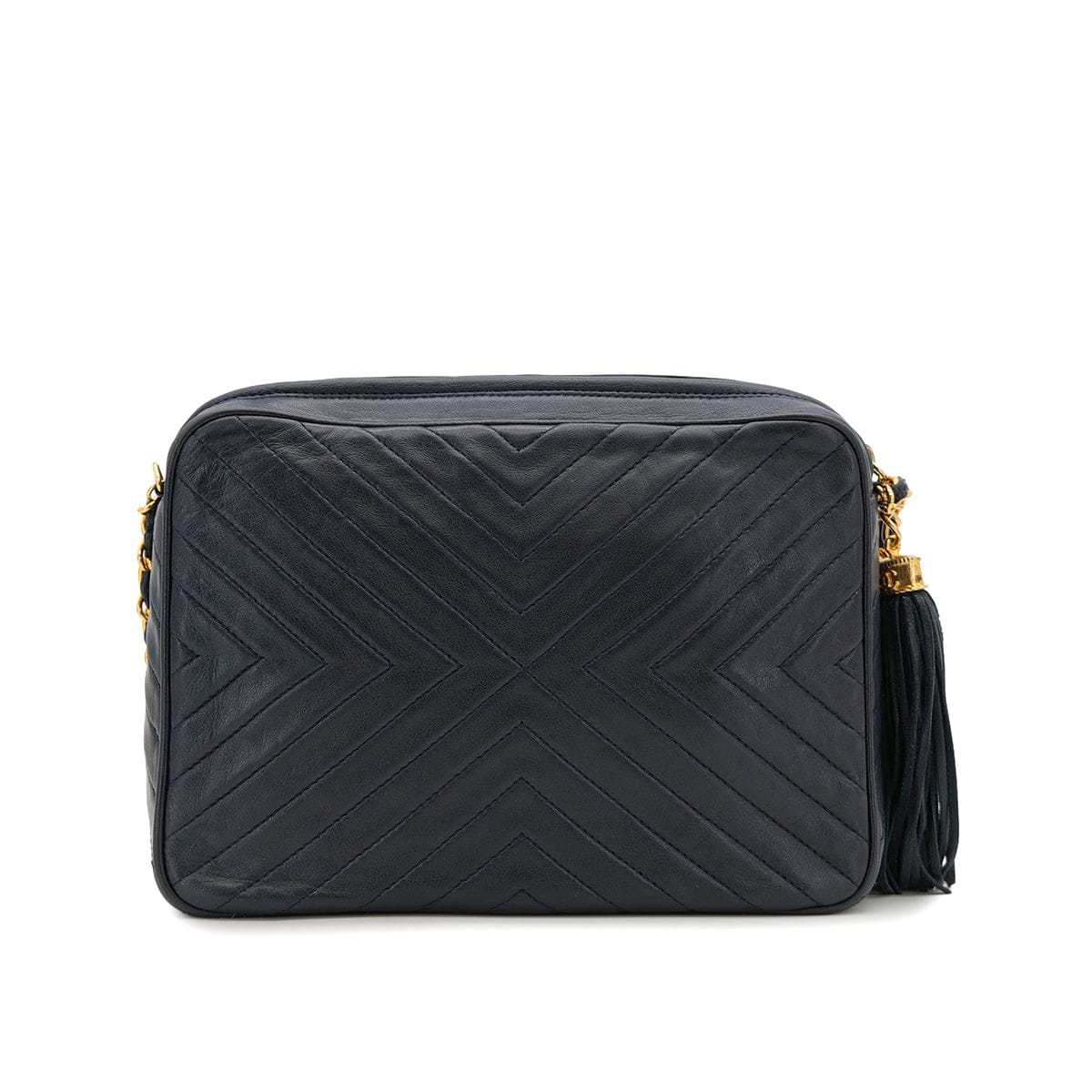 Luxury Promise Japan VINTAGE CHANEL CHEVRON FRINGE CHAIN SHOULDER BAG NAVY LAMB SKIN GOLD HARDWARE 90323146