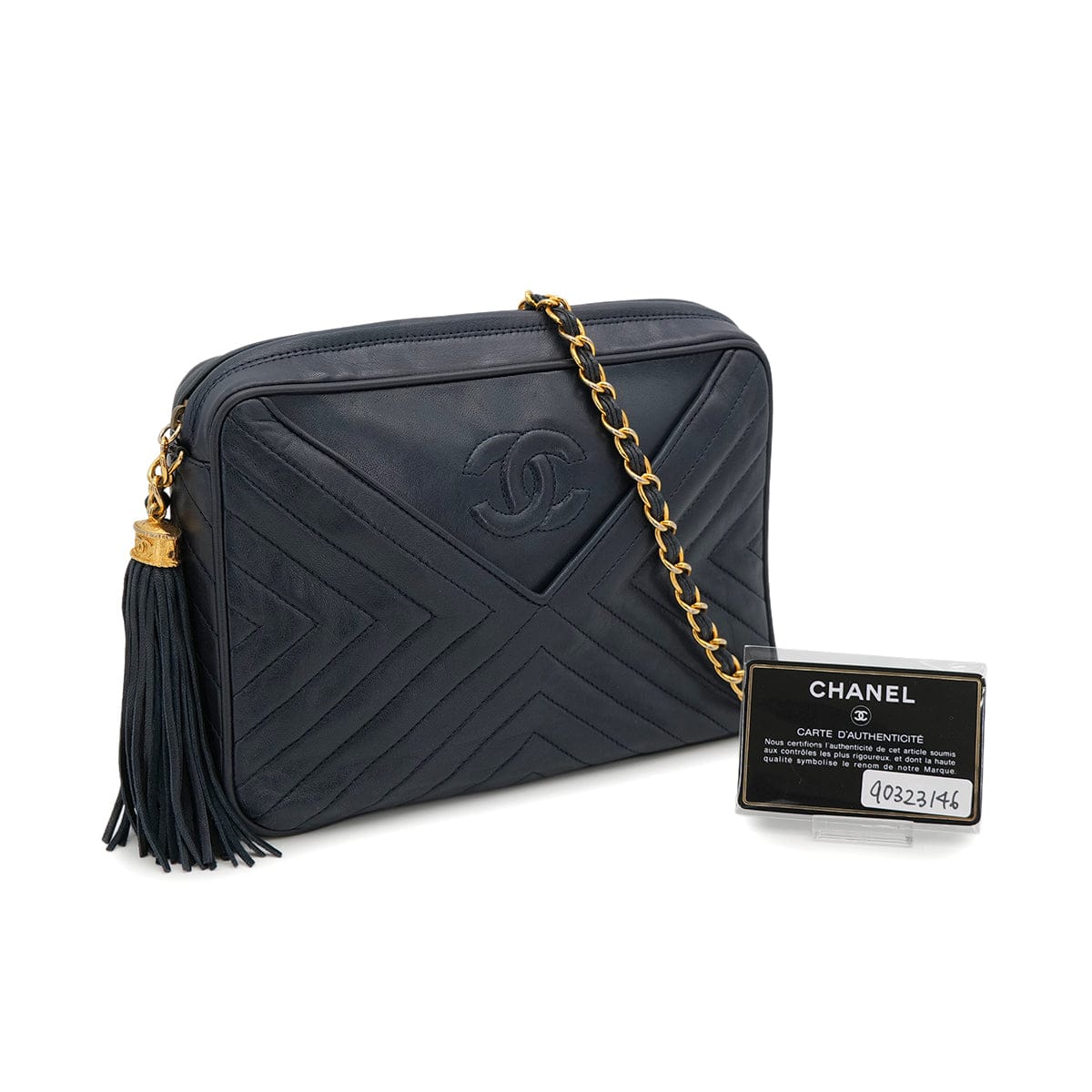 Luxury Promise Japan VINTAGE CHANEL CHEVRON FRINGE CHAIN SHOULDER BAG NAVY LAMB SKIN GOLD HARDWARE 90323146