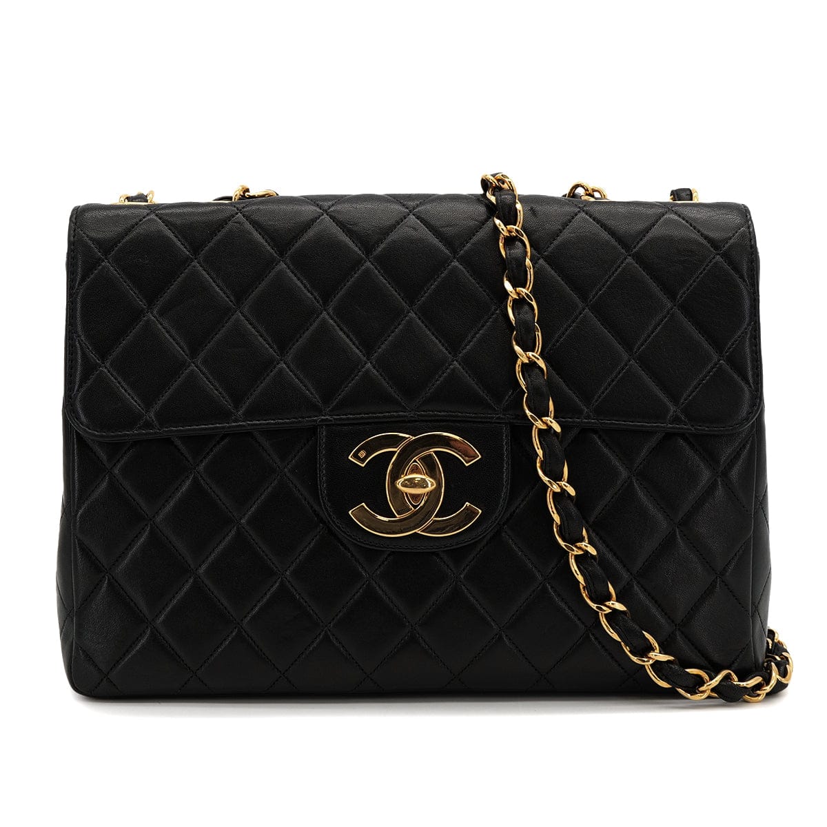 Luxury Promise Japan VINTAGE CHANEL CLASSIC FLAP JUMBO CHAIN SHOULDER BAG BLACK LAMB SKIN GOLD HARDWARE 90322527