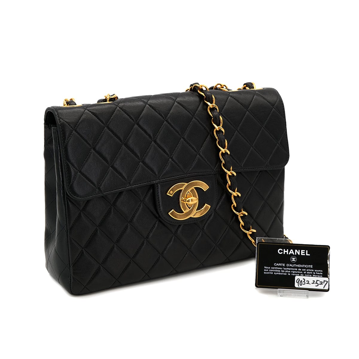 Luxury Promise Japan VINTAGE CHANEL CLASSIC FLAP JUMBO CHAIN SHOULDER BAG BLACK LAMB SKIN GOLD HARDWARE 90322527