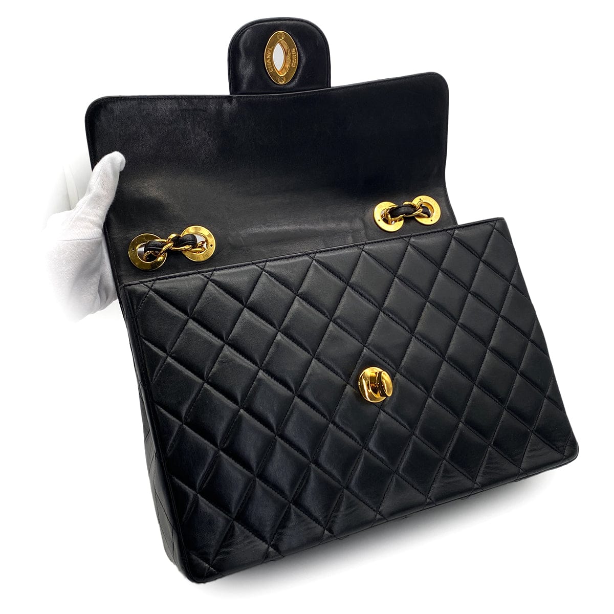 Luxury Promise Japan VINTAGE CHANEL CLASSIC FLAP JUMBO CHAIN SHOULDER BAG BLACK LAMB SKIN GOLD HARDWARE 90324817