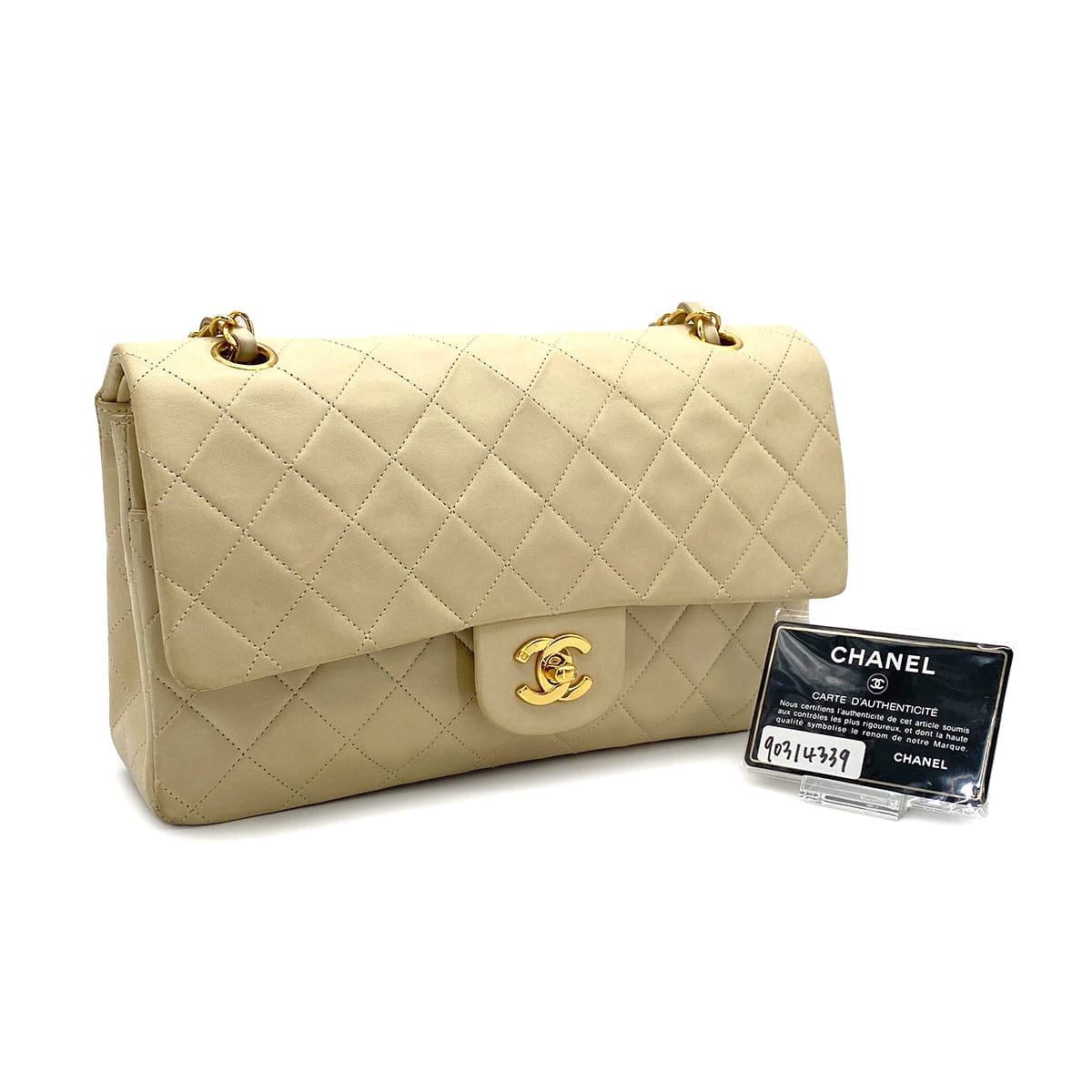 Luxury Promise Japan VINTAGE CHANEL CLASSIC FLAP MEDIUM CHAIN SHOULDER BAG BEIGE LAMB SKIN GOLD HARDWARE 90314339