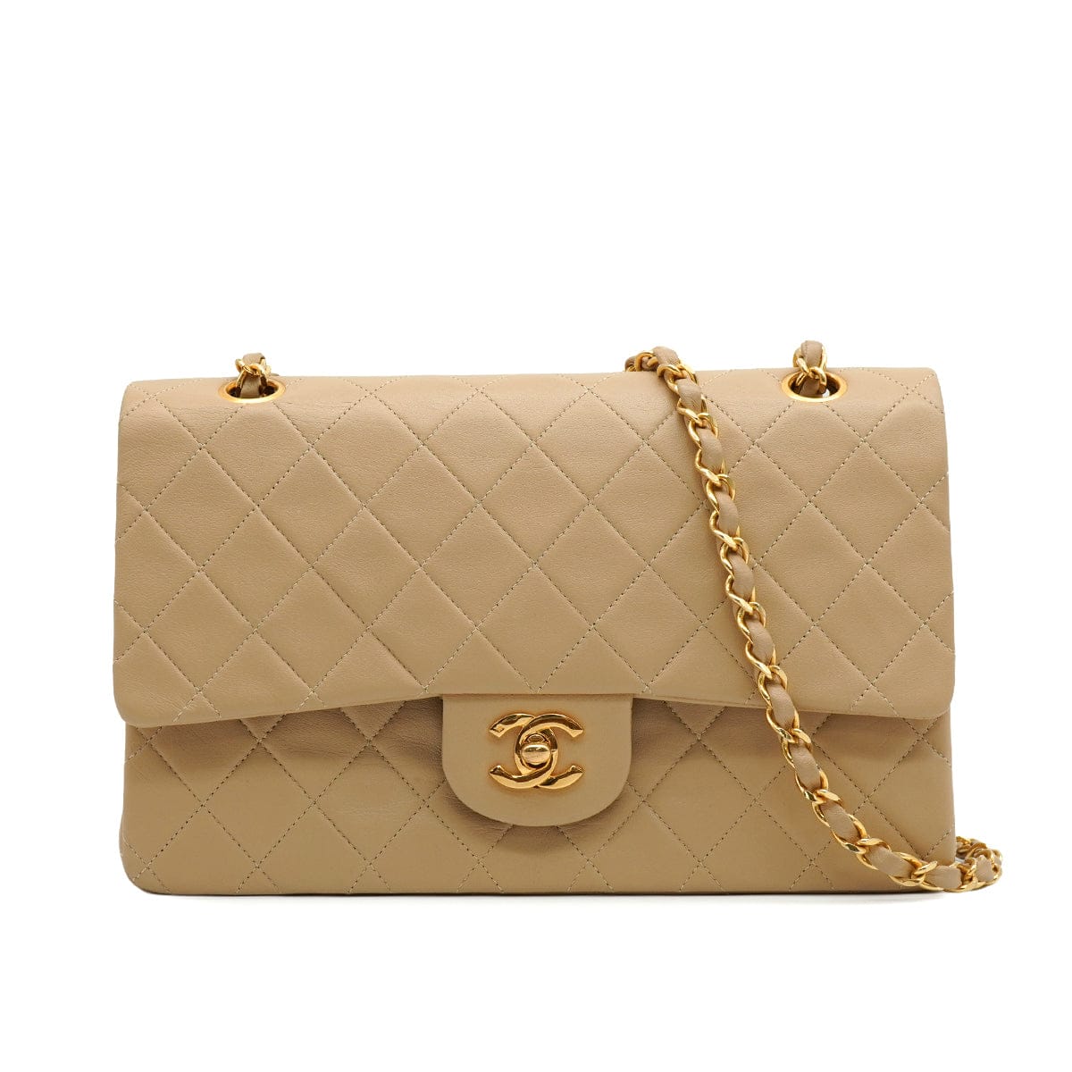 Luxury Promise Japan VINTAGE CHANEL CLASSIC FLAP MEDIUM CHAIN SHOULDER BAG BEIGE LAMB SKIN GOLD HARDWARE 90345501