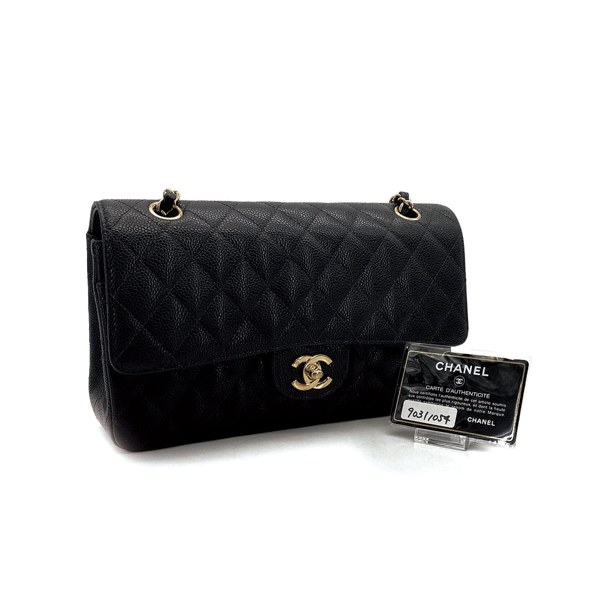 Luxury Promise Japan VINTAGE CHANEL CLASSIC FLAP MEDIUM CHAIN SHOULDER BAG BLACK CAVIAR SKIN GOLD HARDWARE 90311054