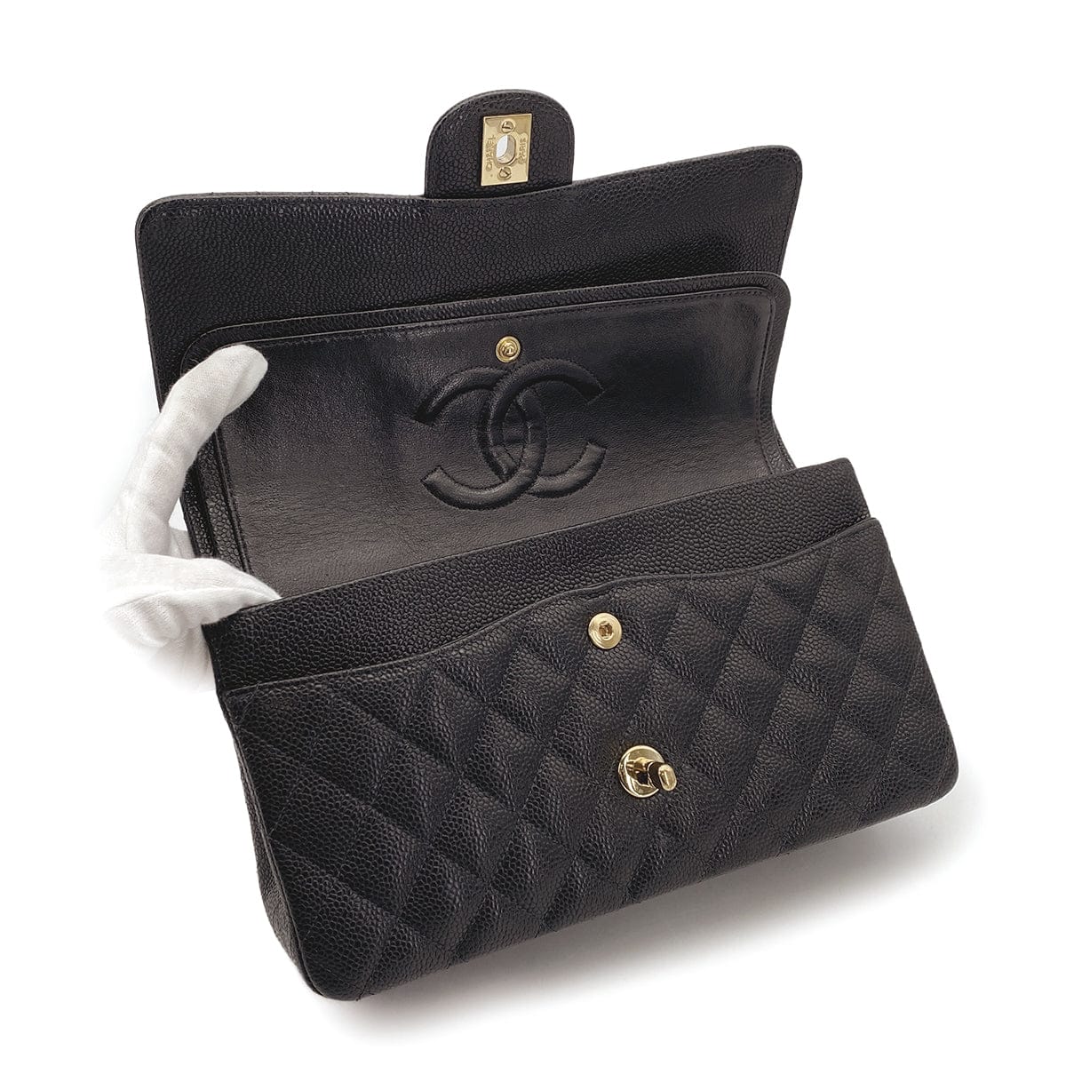 Luxury Promise Japan VINTAGE CHANEL CLASSIC FLAP MEDIUM CHAIN SHOULDER BAG BLACK CAVIAR SKIN GOLD HARDWARE 90311054