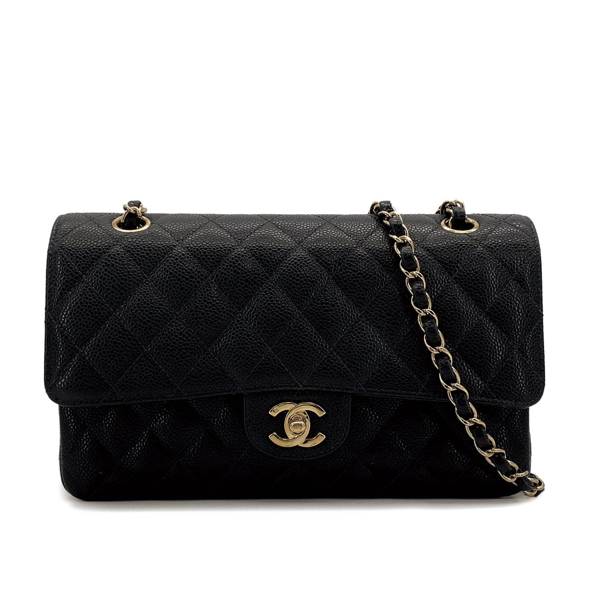 Luxury Promise Japan VINTAGE CHANEL CLASSIC FLAP MEDIUM CHAIN SHOULDER BAG BLACK CAVIAR SKIN GOLD HARDWARE 90311054