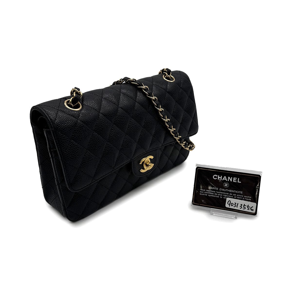 Luxury Promise Japan VINTAGE CHANEL CLASSIC FLAP MEDIUM CHAIN SHOULDER BAG BLACK CAVIAR SKIN GOLD HARDWARE 90313556