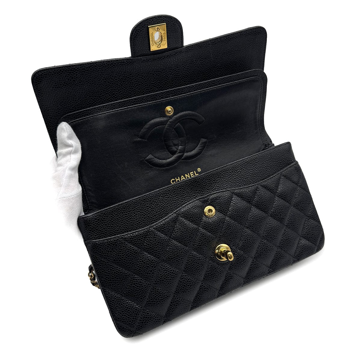 Luxury Promise Japan VINTAGE CHANEL CLASSIC FLAP MEDIUM CHAIN SHOULDER BAG BLACK CAVIAR SKIN GOLD HARDWARE 90313556