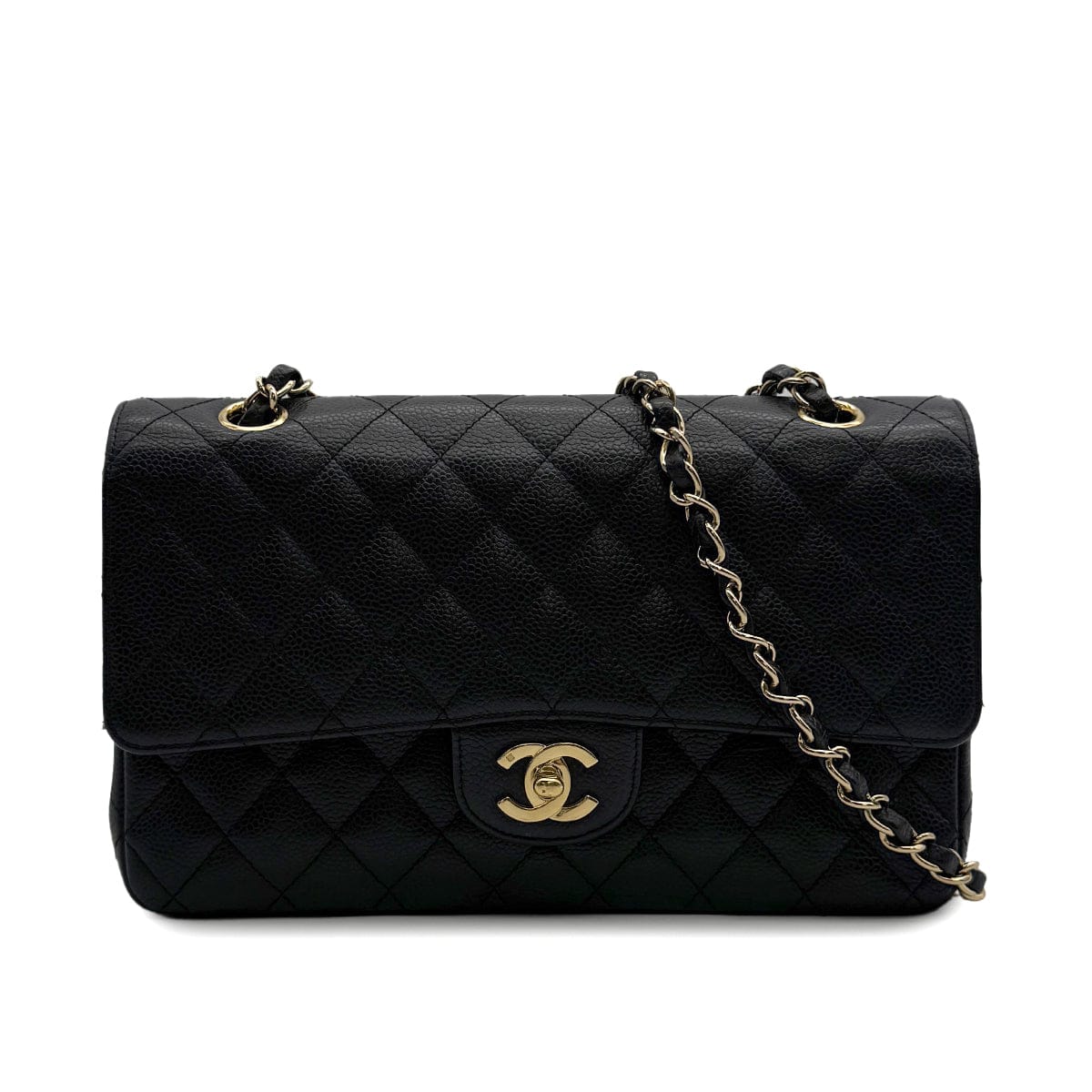 Luxury Promise Japan VINTAGE CHANEL CLASSIC FLAP MEDIUM CHAIN SHOULDER BAG BLACK CAVIAR SKIN GOLD HARDWARE 90313862