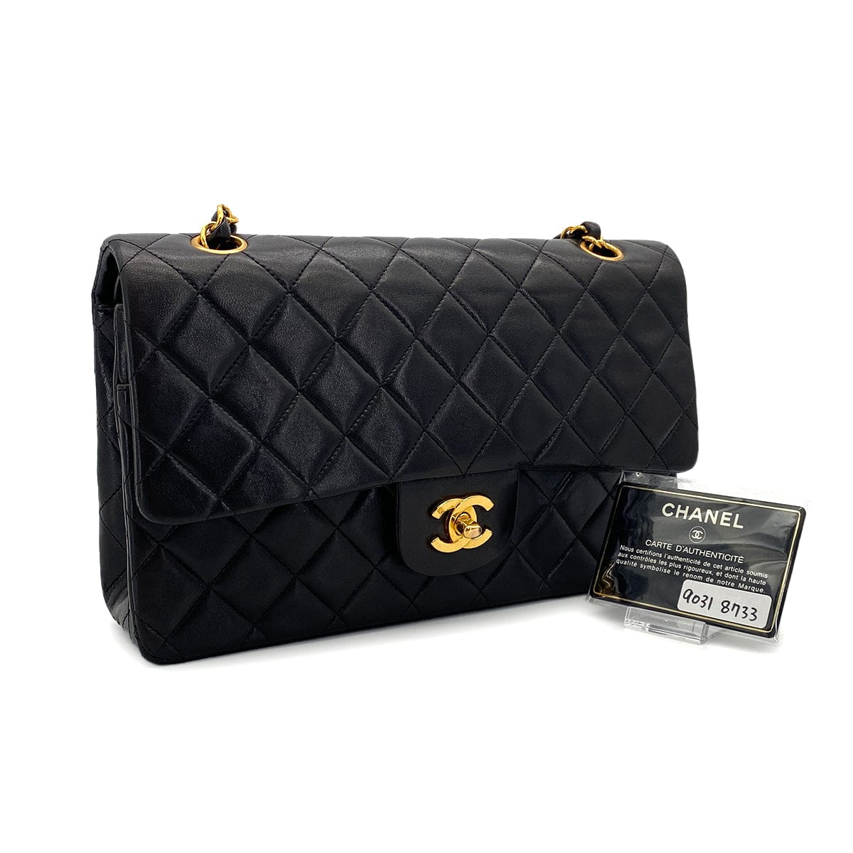 Luxury Promise Japan VINTAGE CHANEL CLASSIC FLAP MEDIUM CHAIN SHOULDER BAG BLACK LAMB SKIN GOLD HARDWARE 90318733
