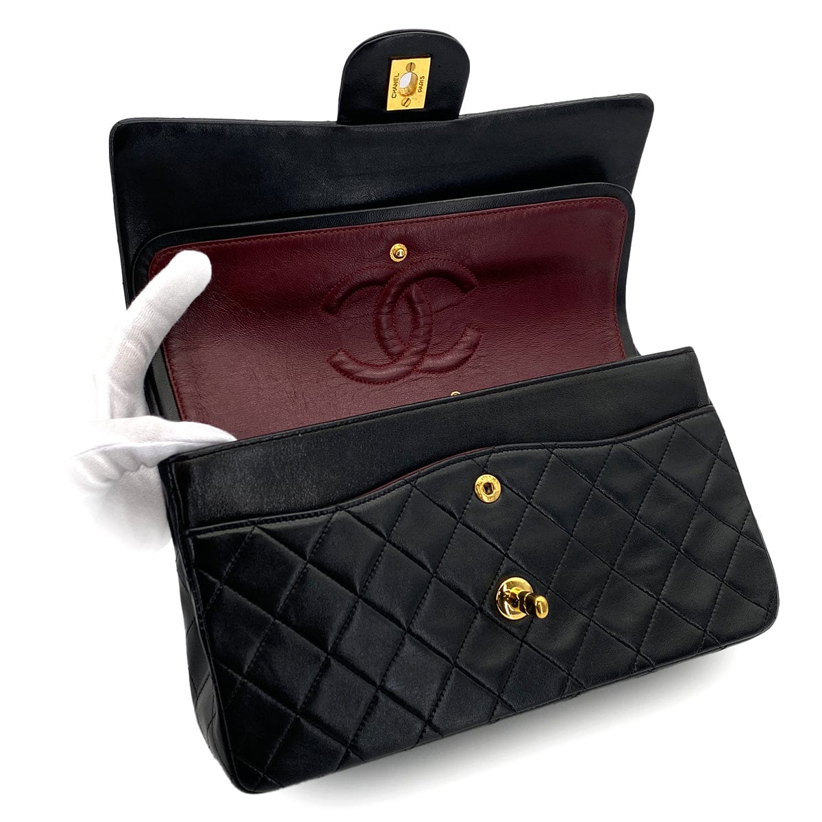 Luxury Promise Japan VINTAGE CHANEL CLASSIC FLAP MEDIUM CHAIN SHOULDER BAG BLACK LAMB SKIN GOLD HARDWARE 90322292