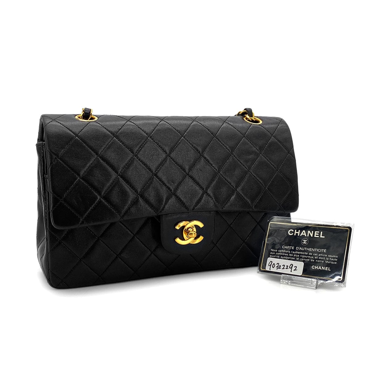 Luxury Promise Japan VINTAGE CHANEL CLASSIC FLAP MEDIUM CHAIN SHOULDER BAG BLACK LAMB SKIN GOLD HARDWARE 90322292