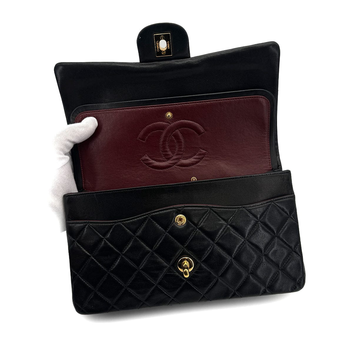 Luxury Promise Japan VINTAGE CHANEL CLASSIC FLAP MEDIUM CHAIN SHOULDER BAG BLACK LAMB SKIN GOLD HARDWARE 90323199