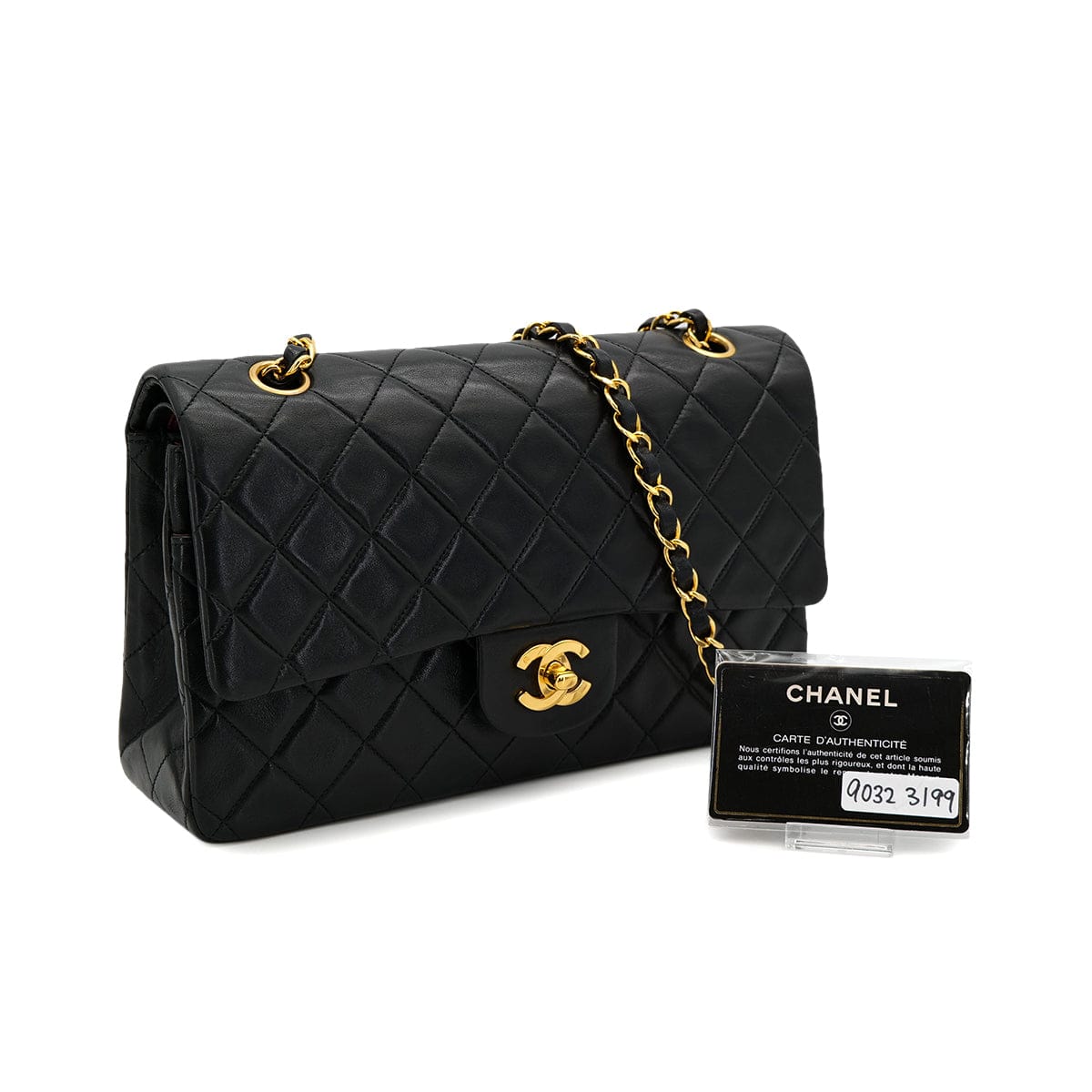Luxury Promise Japan VINTAGE CHANEL CLASSIC FLAP MEDIUM CHAIN SHOULDER BAG BLACK LAMB SKIN GOLD HARDWARE 90323199