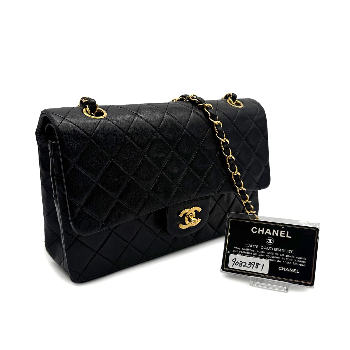 Luxury Promise Japan VINTAGE CHANEL CLASSIC FLAP MEDIUM CHAIN SHOULDER BAG BLACK LAMB SKIN GOLD HARDWARE 90323981