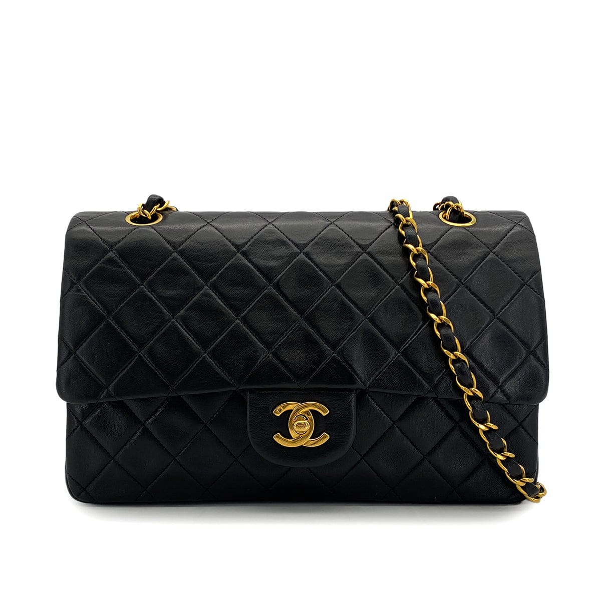 Luxury Promise Japan VINTAGE CHANEL CLASSIC FLAP MEDIUM CHAIN SHOULDER BAG BLACK LAMB SKIN GOLD HARDWARE 90324140
