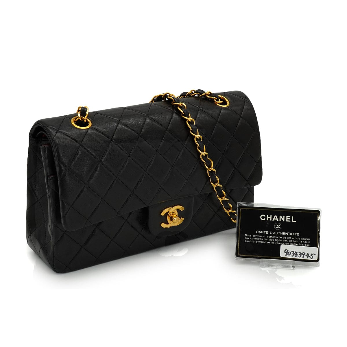 Luxury Promise Japan VINTAGE CHANEL CLASSIC FLAP MEDIUM CHAIN SHOULDER BAG BLACK LAMB SKIN GOLD HARDWARE 90343945
