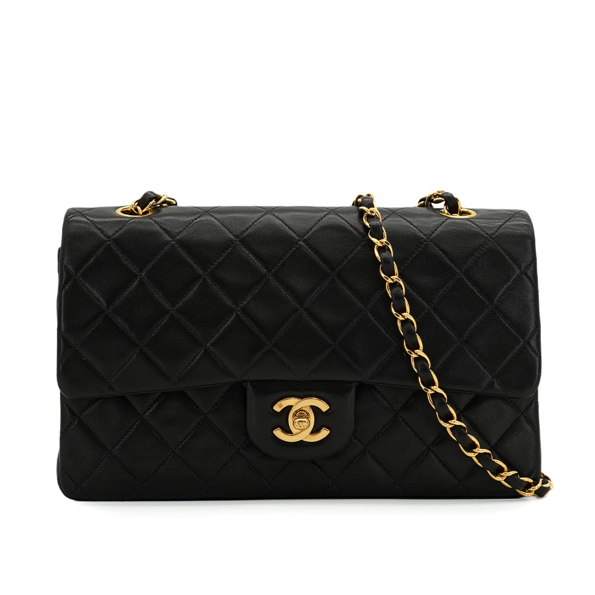 Luxury Promise Japan VINTAGE CHANEL CLASSIC FLAP MEDIUM CHAIN SHOULDER BAG BLACK LAMB SKIN GOLD HARDWARE 90344448