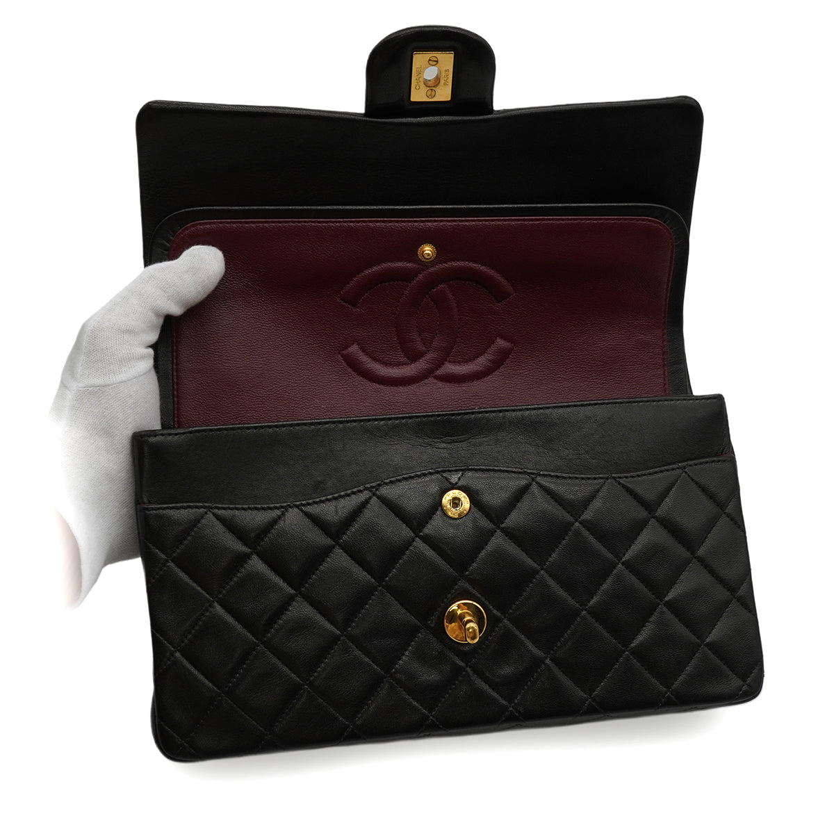 Luxury Promise Japan VINTAGE CHANEL CLASSIC FLAP MEDIUM CHAIN SHOULDER BAG BLACK LAMB SKIN GOLD HARDWARE 90344448