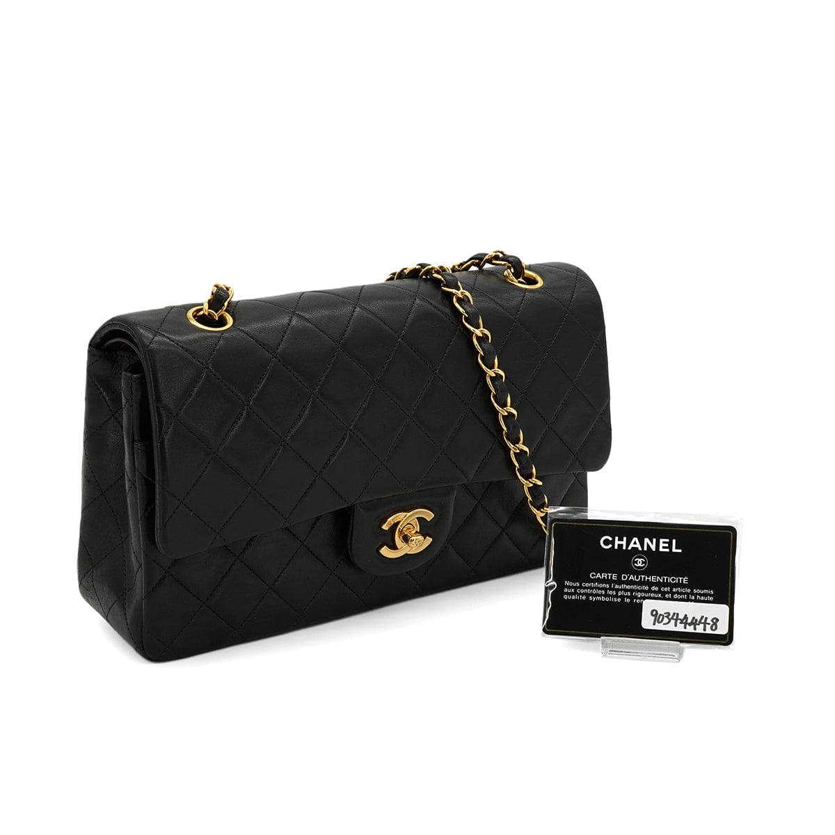 Luxury Promise Japan VINTAGE CHANEL CLASSIC FLAP MEDIUM CHAIN SHOULDER BAG BLACK LAMB SKIN GOLD HARDWARE 90344448