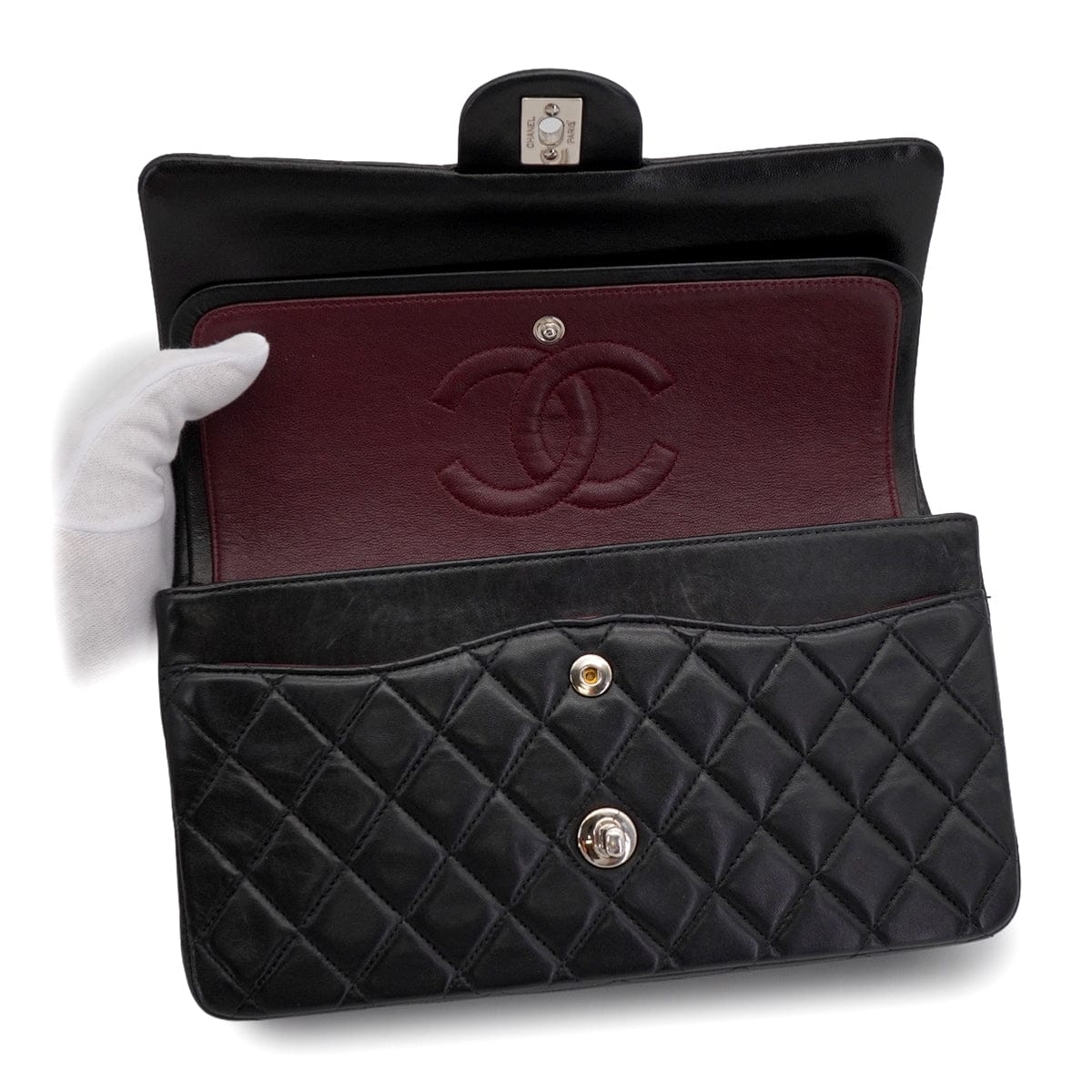 Luxury Promise Japan VINTAGE CHANEL CLASSIC FLAP MEDIUM CHAIN SHOULDER BAG BLACK LAMB SKIN SILVER HARDWARE 90344446
