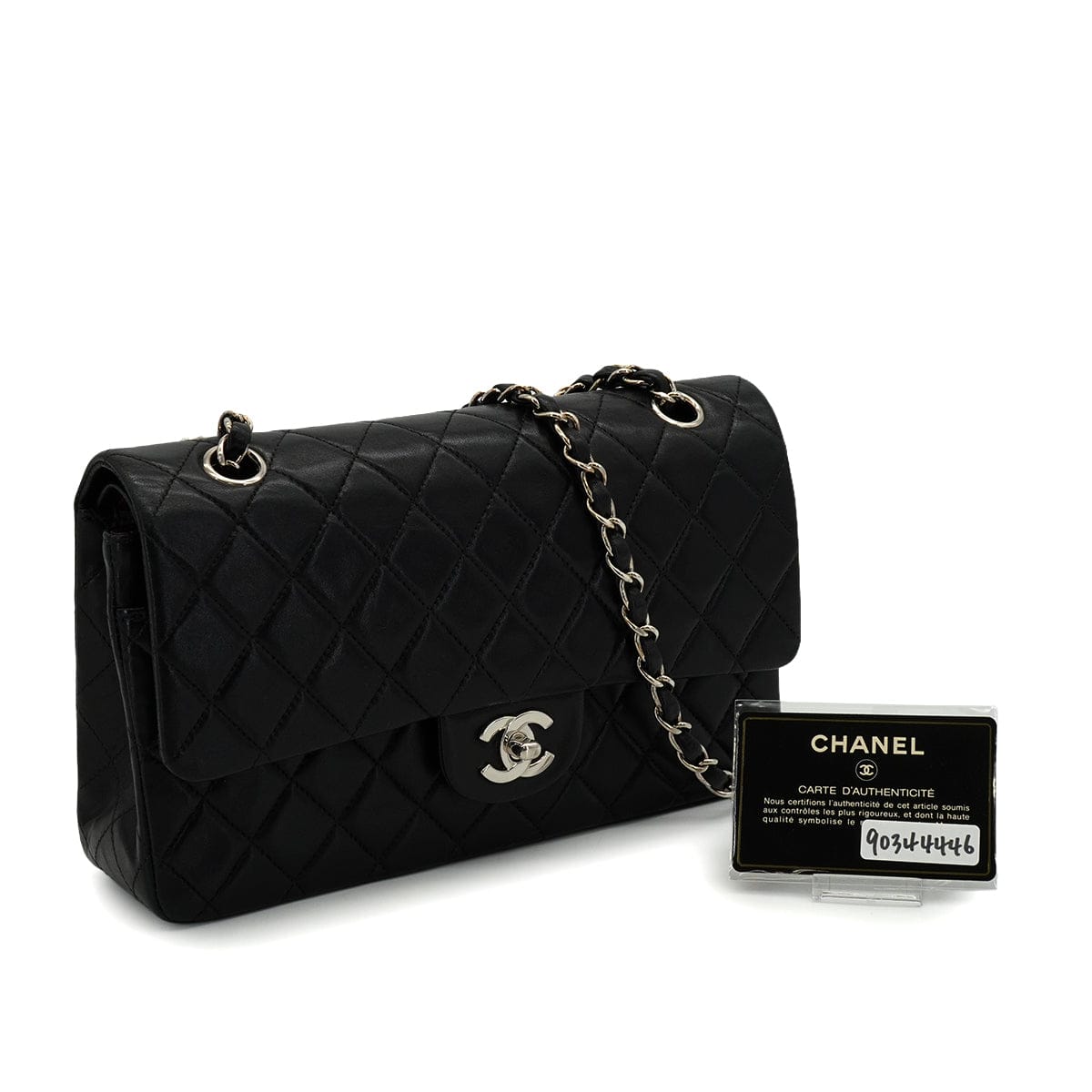 Luxury Promise Japan VINTAGE CHANEL CLASSIC FLAP MEDIUM CHAIN SHOULDER BAG BLACK LAMB SKIN SILVER HARDWARE 90344446