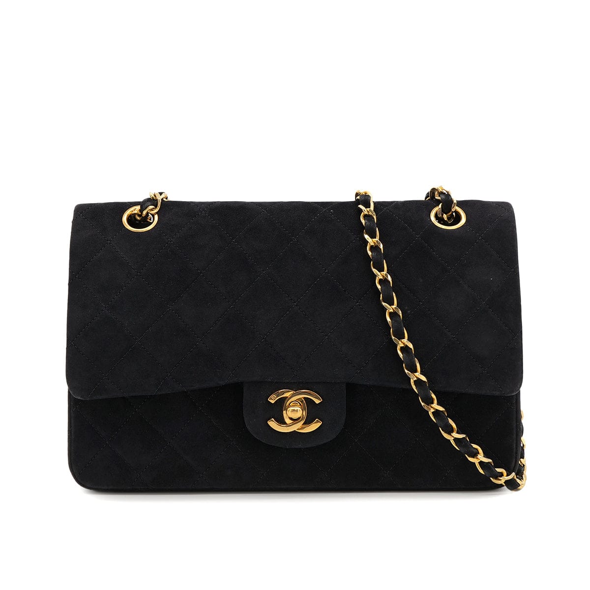 Luxury Promise Japan VINTAGE CHANEL CLASSIC FLAP MEDIUM CHAIN SHOULDER BAG BLACK SUEDE GOLD HARDWARE 90321627