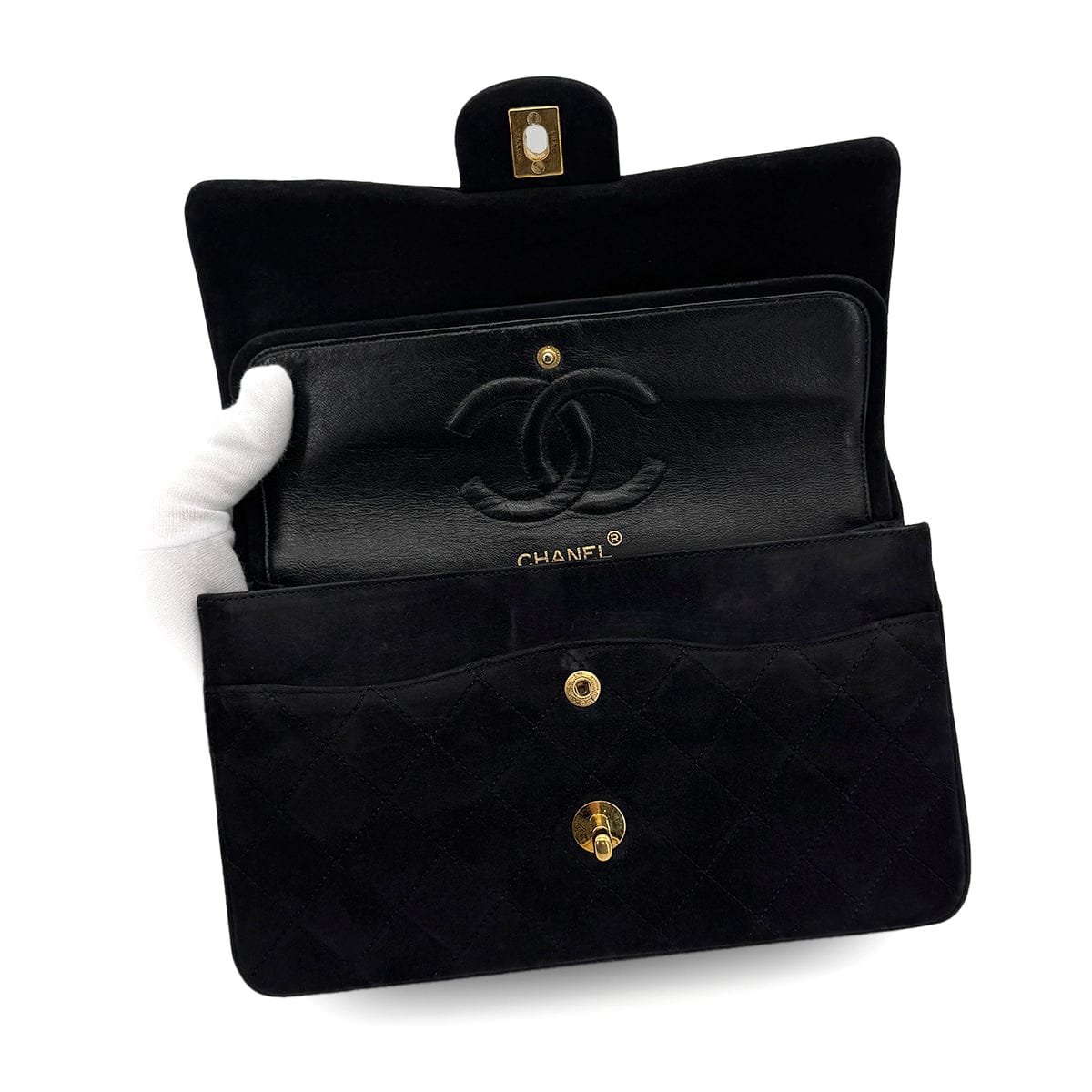 Luxury Promise Japan VINTAGE CHANEL CLASSIC FLAP MEDIUM CHAIN SHOULDER BAG BLACK SUEDE GOLD HARDWARE 90321627