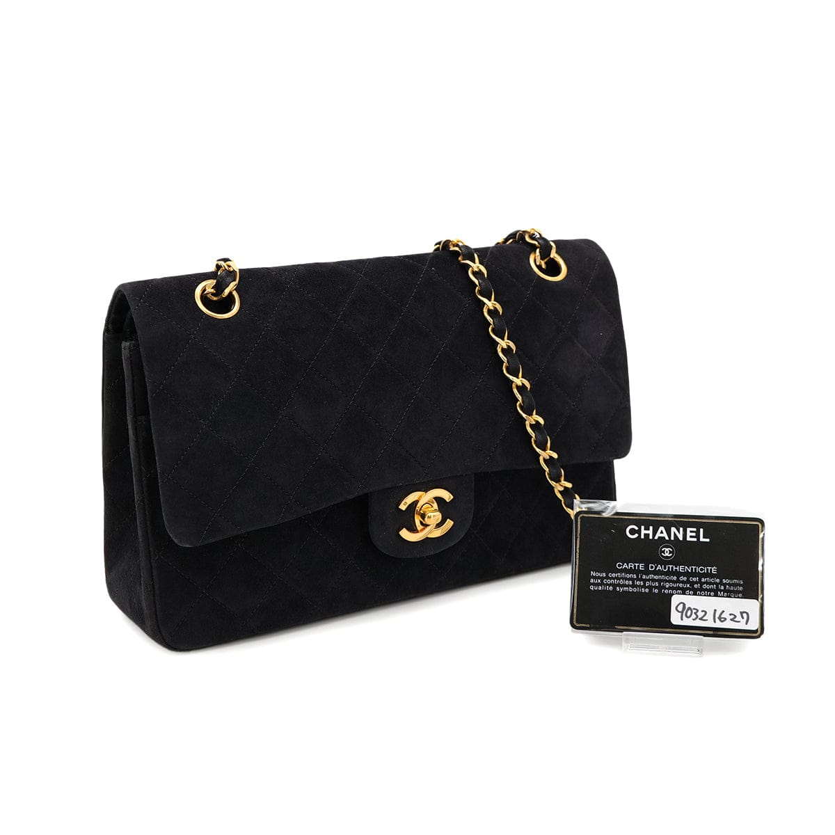 Luxury Promise Japan VINTAGE CHANEL CLASSIC FLAP MEDIUM CHAIN SHOULDER BAG BLACK SUEDE GOLD HARDWARE 90321627