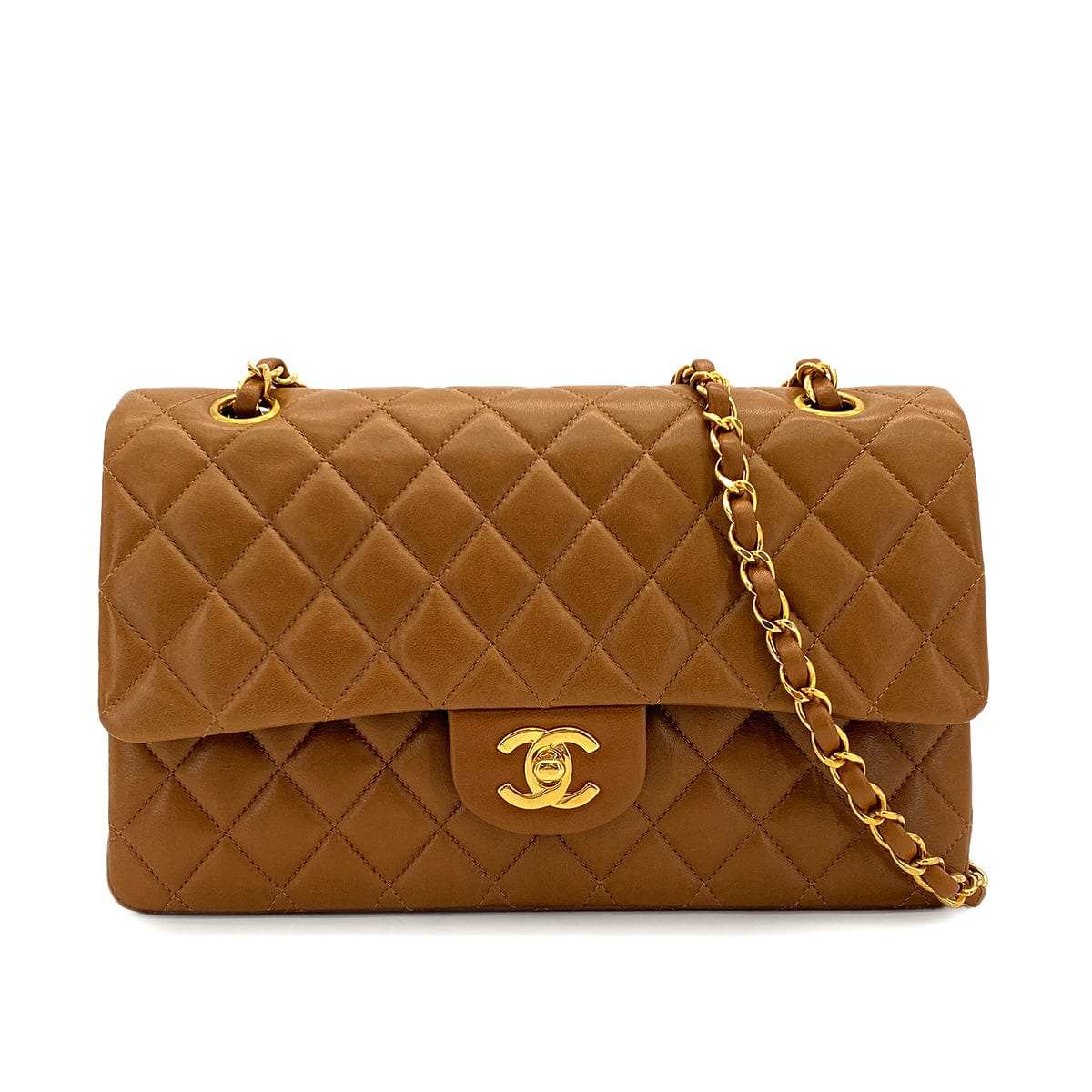 Luxury Promise Japan VINTAGE CHANEL CLASSIC FLAP MEDIUM CHAIN SHOULDER BAG BROWN LAMB SKIN GOLD HARDWARE 90324816