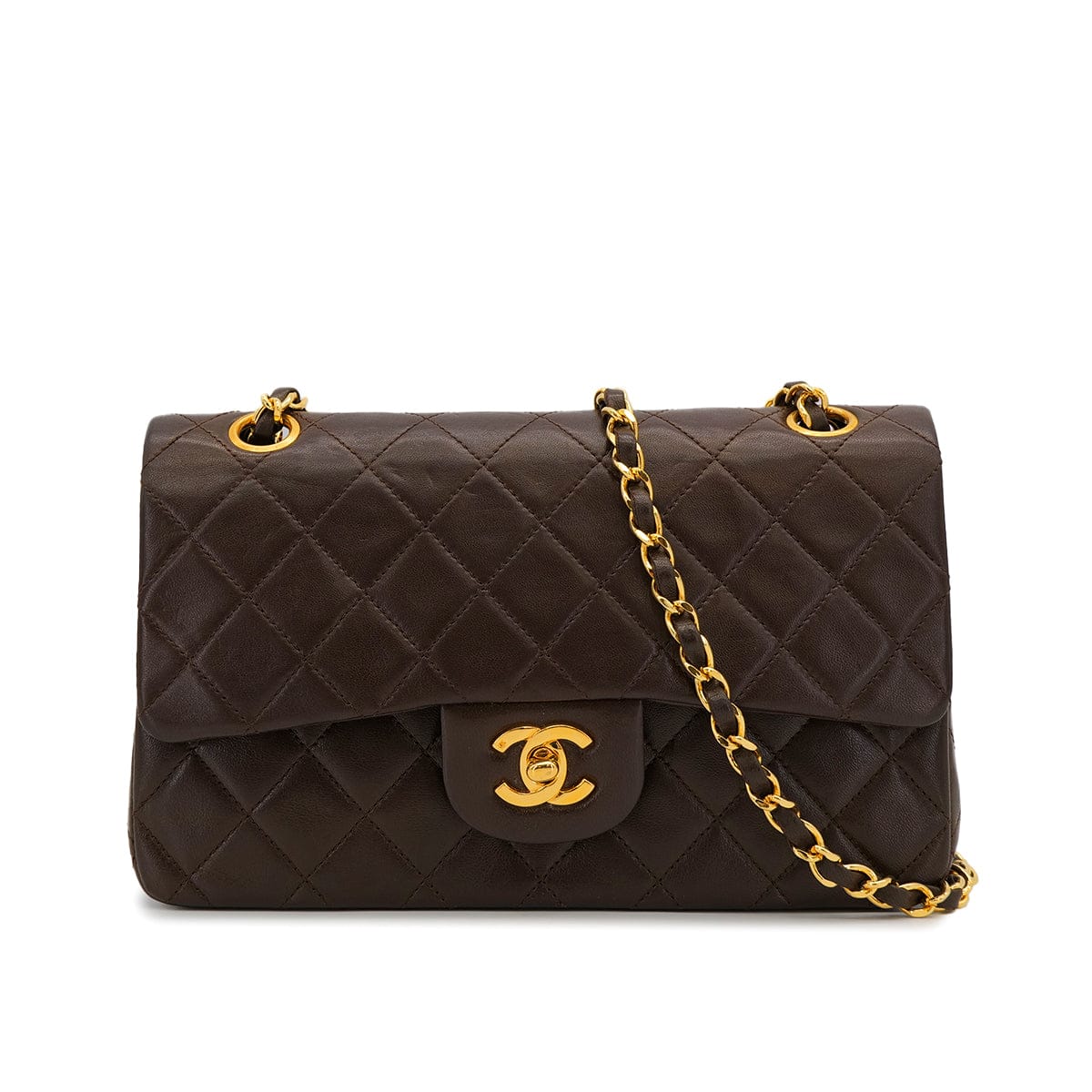 Luxury Promise Japan VINTAGE CHANEL CLASSIC FLAP SMALL CHAIN SHOULDER BAG BROWN LAMB SKIN GOLD HARDWARE 90322290