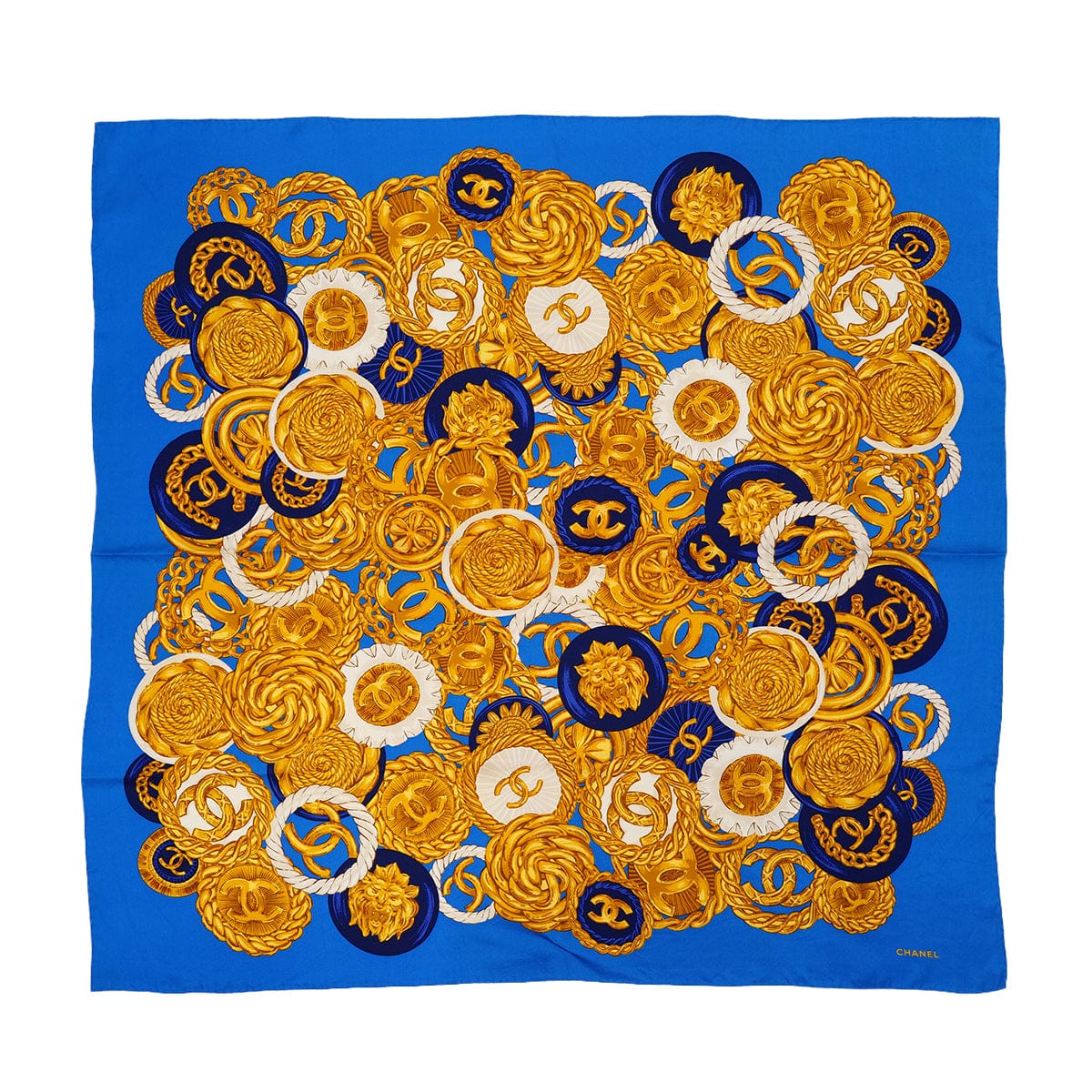 Luxury Promise Japan VINTAGE CHANEL COCO BUTTON CHAIN PATTERN SCARF BLUE SILK 90321066