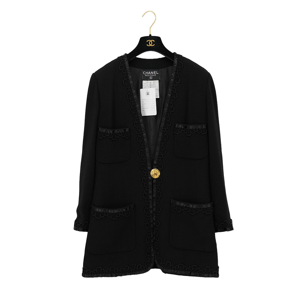 Luxury Promise Japan VINTAGE CHANEL COCO BUTTON FLOWER EMBROIDERY JACKET BLACK WOOL 40 RTW 90314892